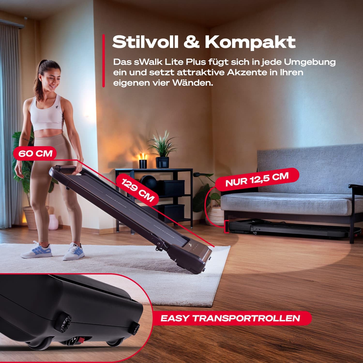 Sportstech sWalk Lite Plus Walking Pad Laufband für Zuhause, 2 in 1 klappbar, bis 12 km/h Treadmill & 6 km/h Walkmodus, manuelle Steigung, App-Steuerung, LED-Anzeige, Fernbedienung, bis 120 kg, leise