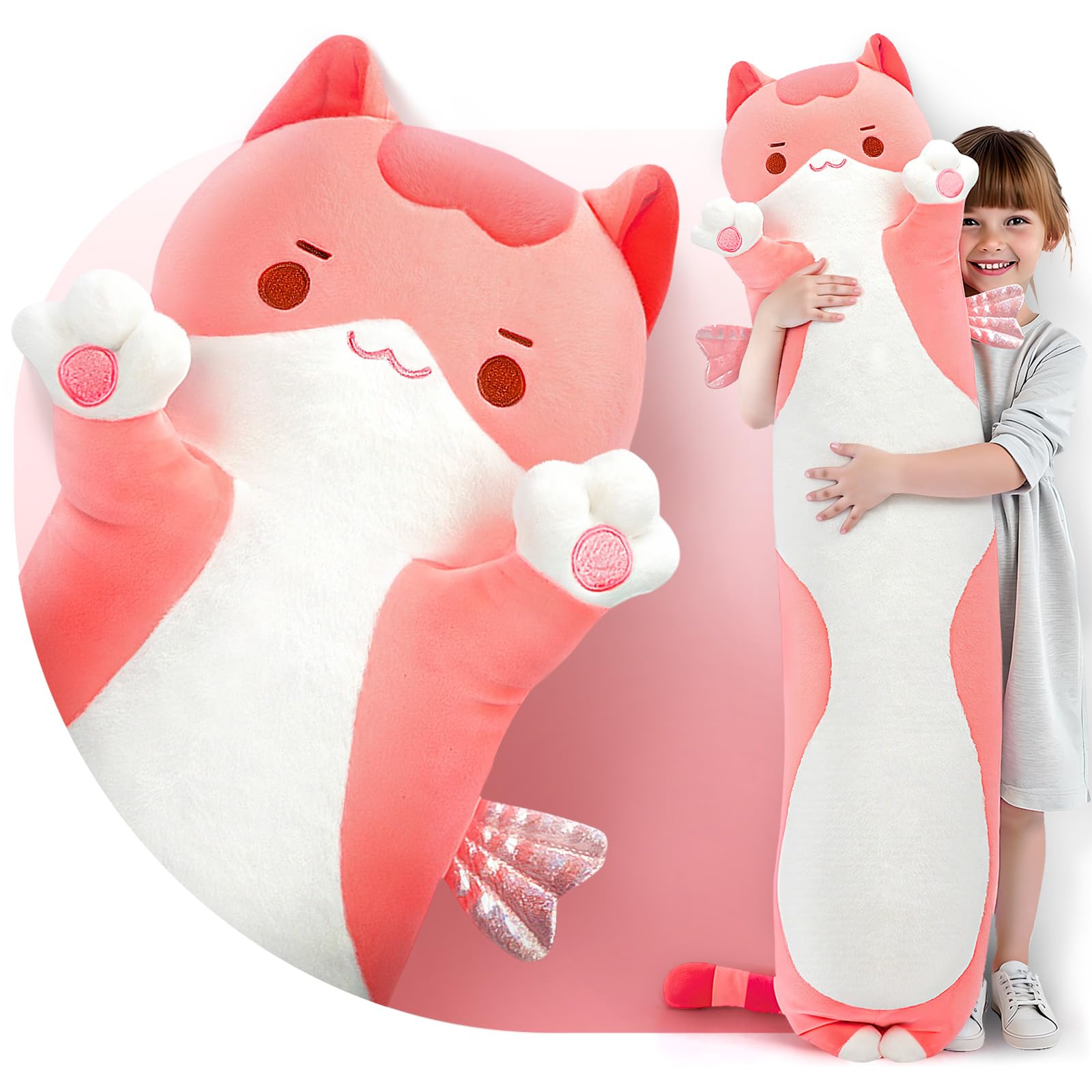 Caaaat Long Cat Plush, Cute Pink Cat Stuffed Animals Soft Plushies, Kitten Kawaii Kids Plush Sleeping Throw Pillow Doll Plush Toys for Girls (36 Inch) - 35.4in/90cm - Pink Cat