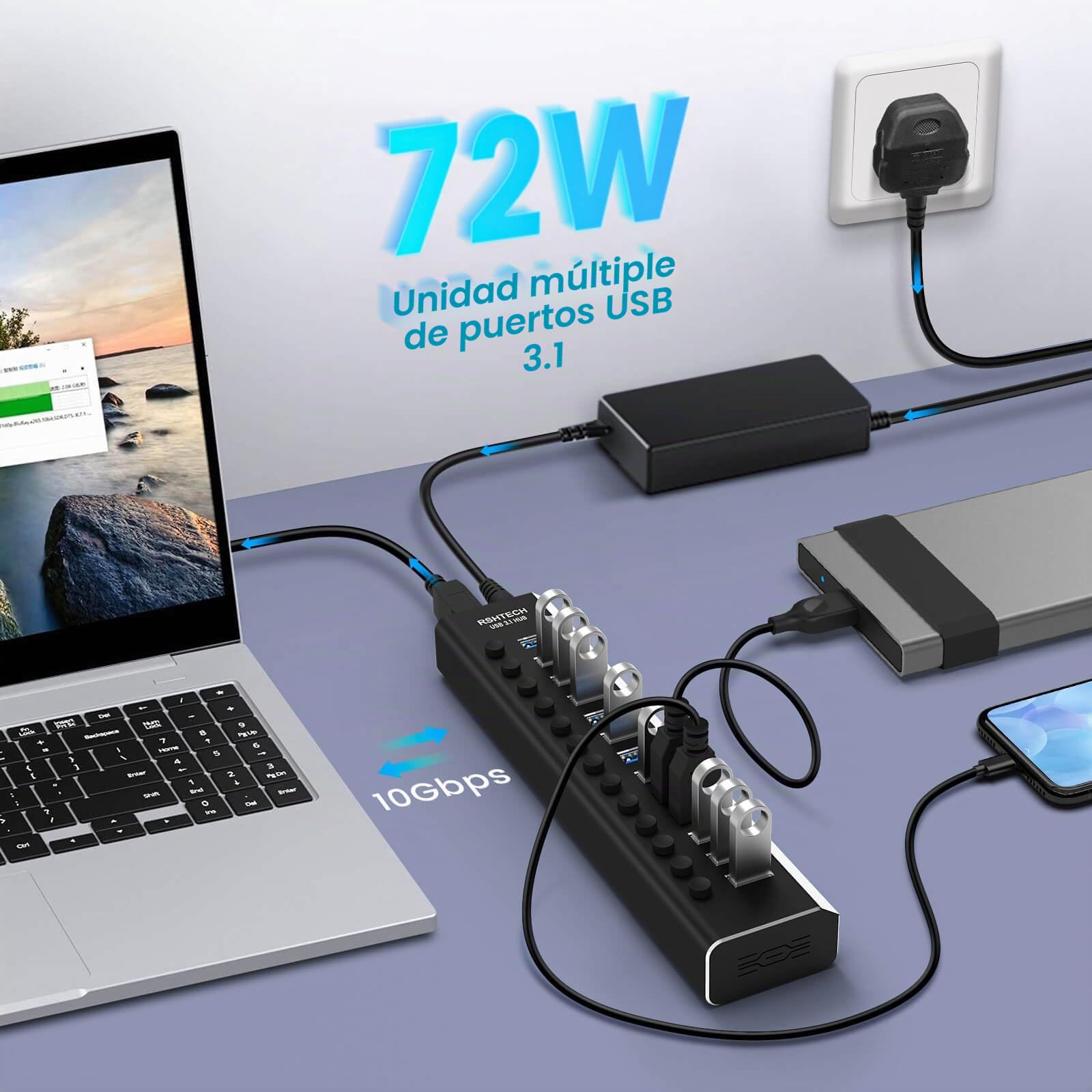 RSHTECH Hub USB 3.0 13 Puertos, Aluminio Concentrador Multipuerto con Alimentación 12V/6A, Protección contra Sobrecorriente y Sobretensión, Interruptor Independiente y Cable Datos 10 Gbps *2.RSH-A13