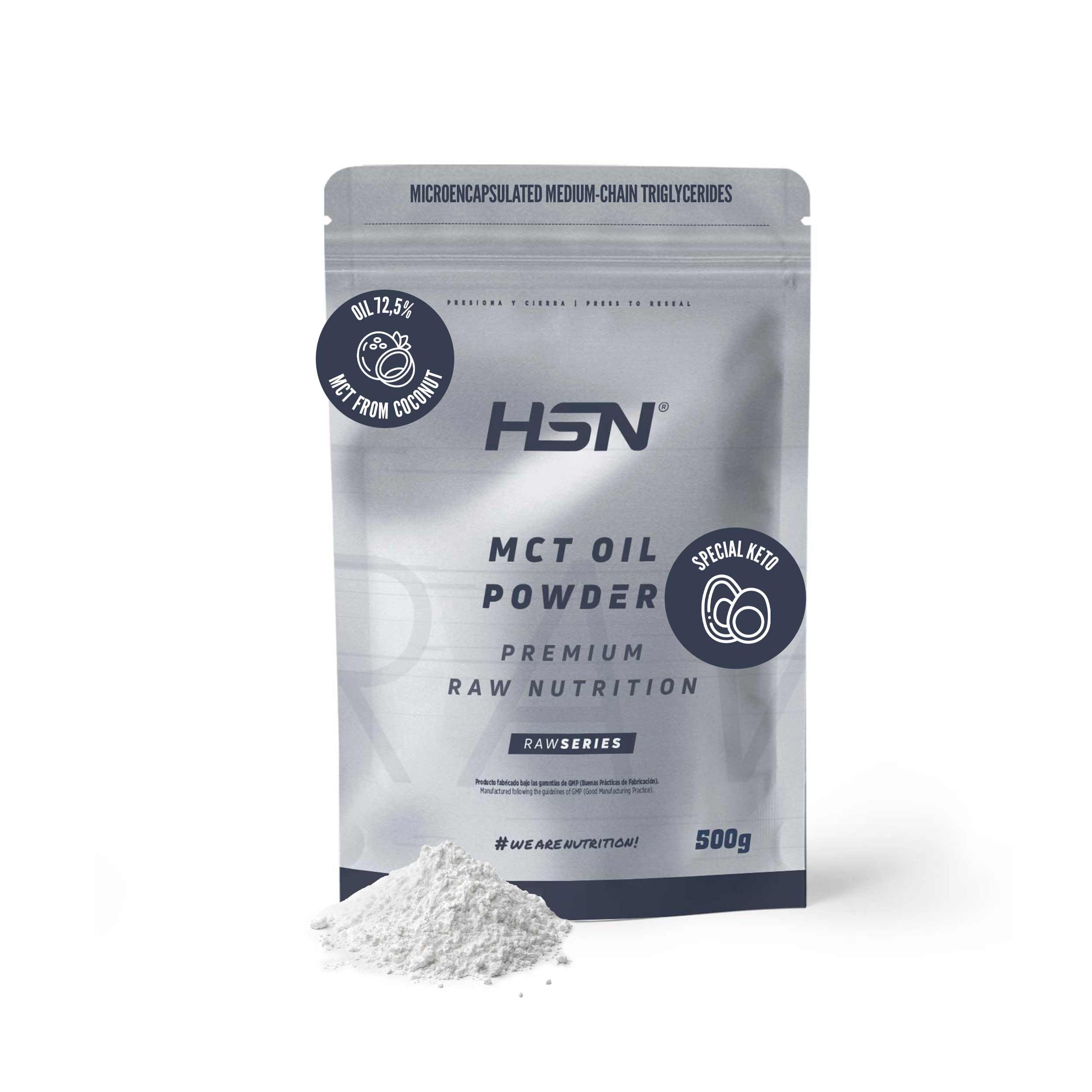 HSN Aceite MCT de Coco en Polvo 500g 50 Servicios Triglicéridos Cadena Media Microencapsulados Keto Vegano Sin Azúcares Gluten