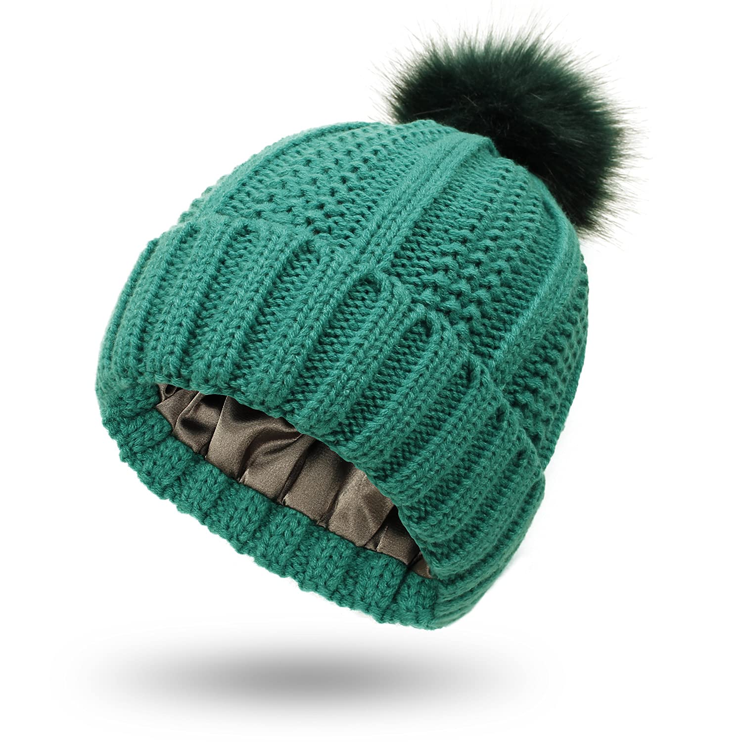 Camelliass Women's Green Knitted Beanie With Satin Lining Pom Pom Winter Warm Cap Bobble Hat (Green)
