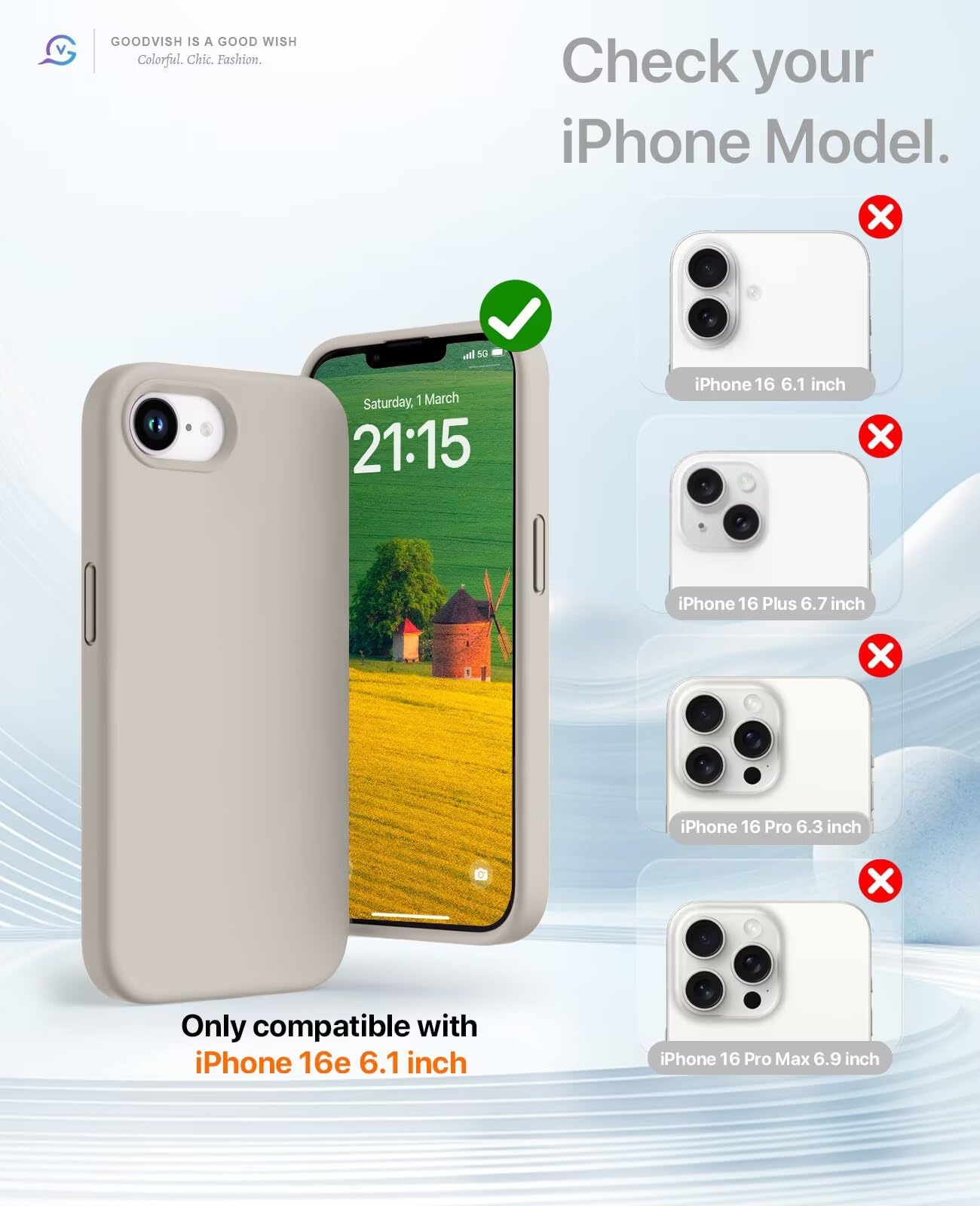 GOODVISH 3 in 1 Silicone Cover per iPhone 16e 6.1", Custodia con 2 Pellicola Vetro Temperato [Protezione Fotocamera] Protezione Anticaduta Case per Cellulare Antiurto Resistente, Grigio Roccia