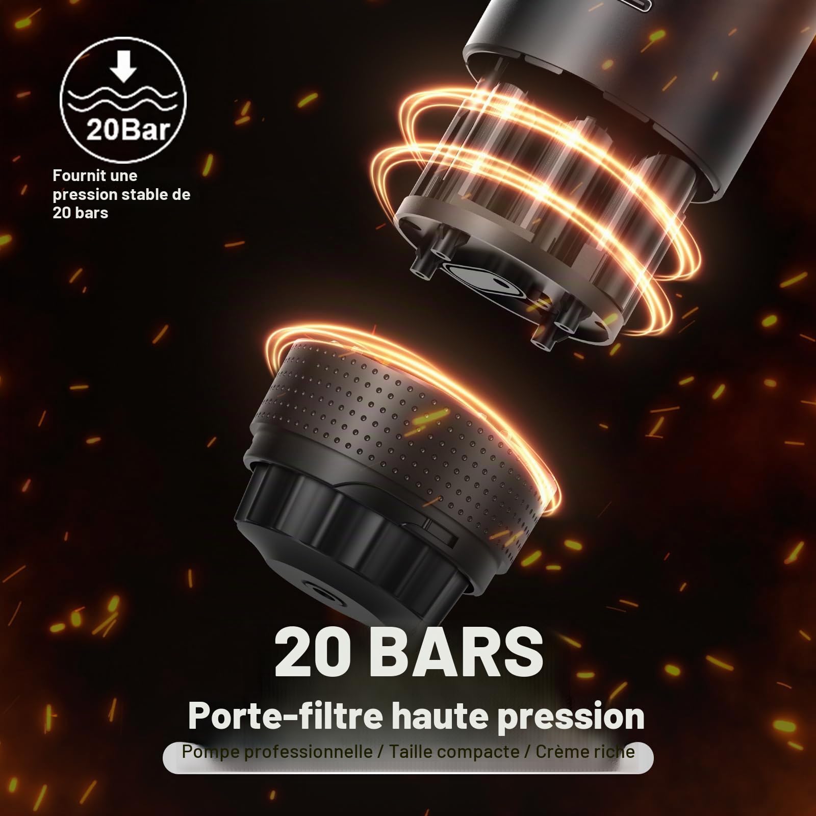 Cafetière Portative 3-en-1, Écran de Température Intelligente, Chauffage Rapide 80ml, Pression 20 Bars, Compatible Capsules et Café Moulu, 7500mAh USB-C, Idéale Voyage et Bureau (Noir 2025)