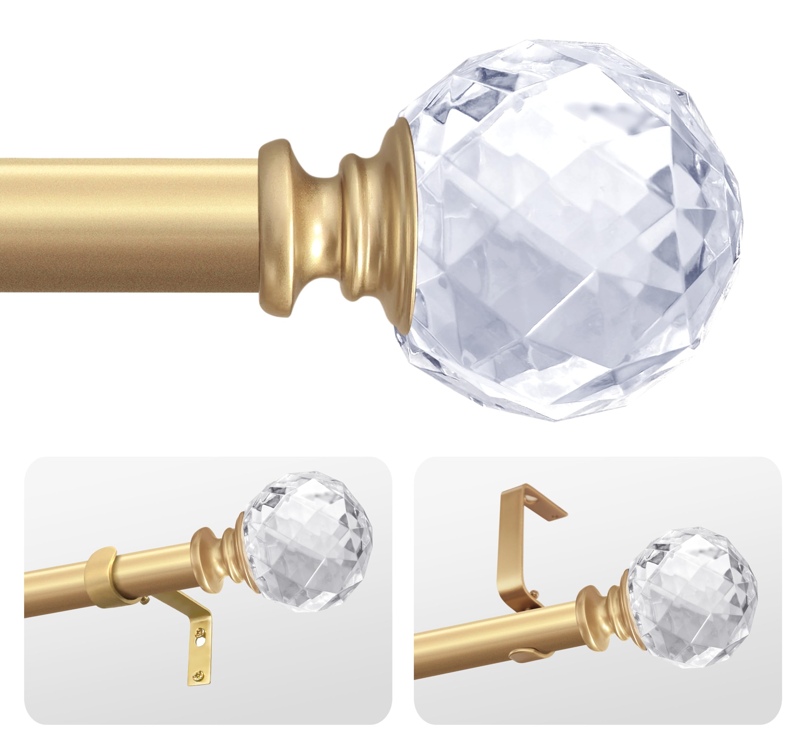 Exquisite Gold 46-148Inch Adjustable 1in Steel Curtain Rod with Acrylic Finials. Crystals ball Transparent diamond, Easy to Install, Suitable for Bedroom and Living Room kitchen and hotel