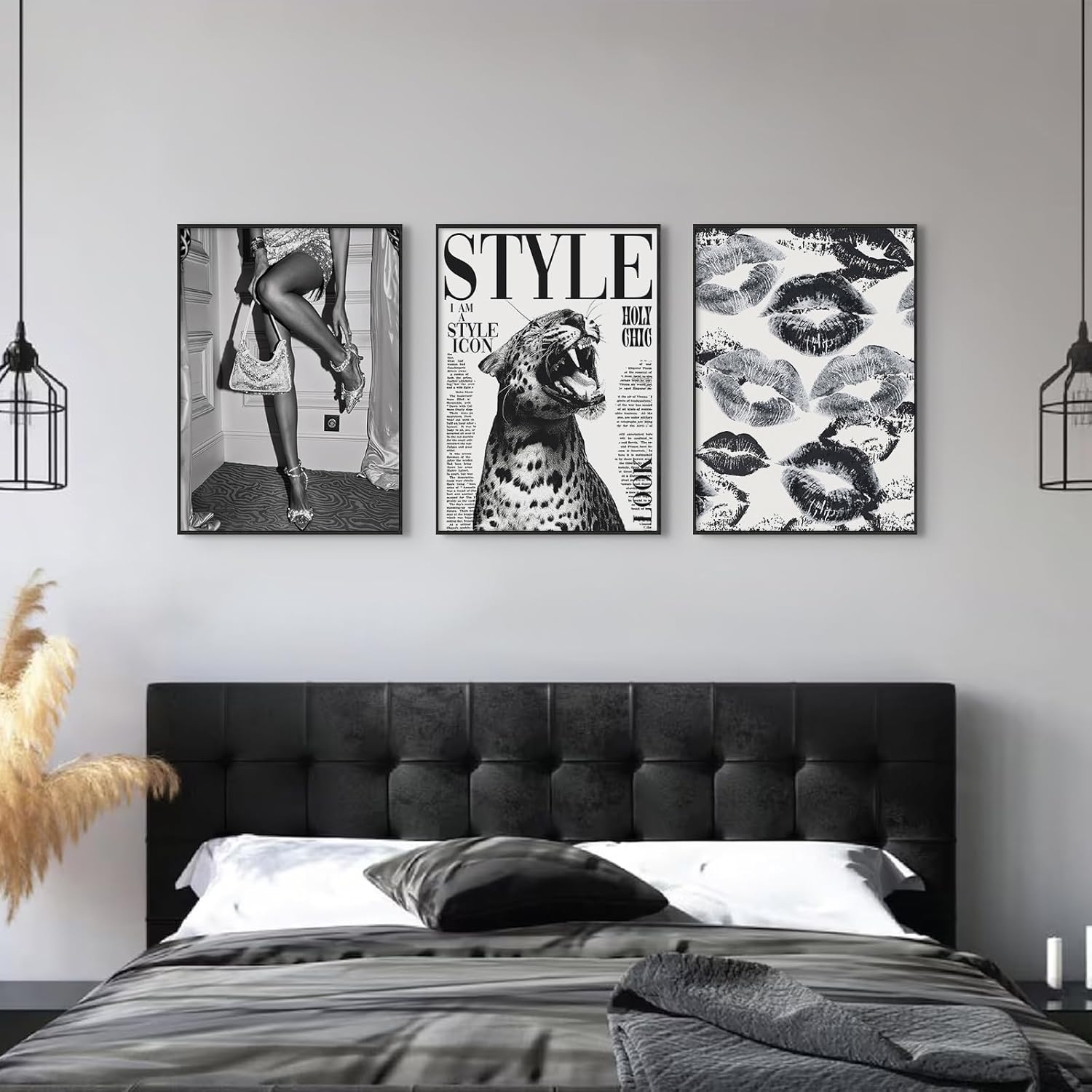 Trendy Leopard Wall Art Black and White Cheetah Canvas Wall Decor Fashion Preppy Room Poster Vintage Y2k Aesthetic Prints Funky Heels Lips Pictures Artwork for Girl Bedroom 16x24x3 Inch Unframed