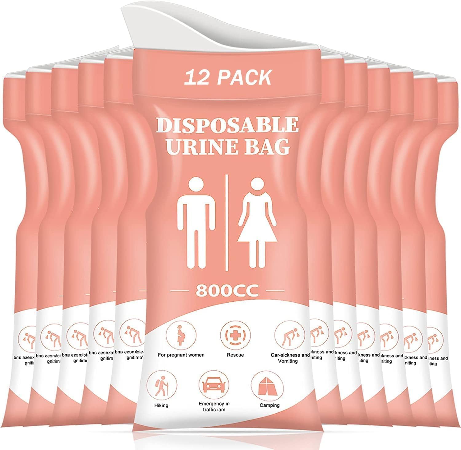 SAINUOD Disposable Urinal Bag, 12 Pcs 800ML Emergency Urine Bag, Unisex Urinal Bag, Portable Camping Pee Bag, Travel Urine Bag for Traffic Jams, Camping, Hiking, Pregnant, Patient, Kids