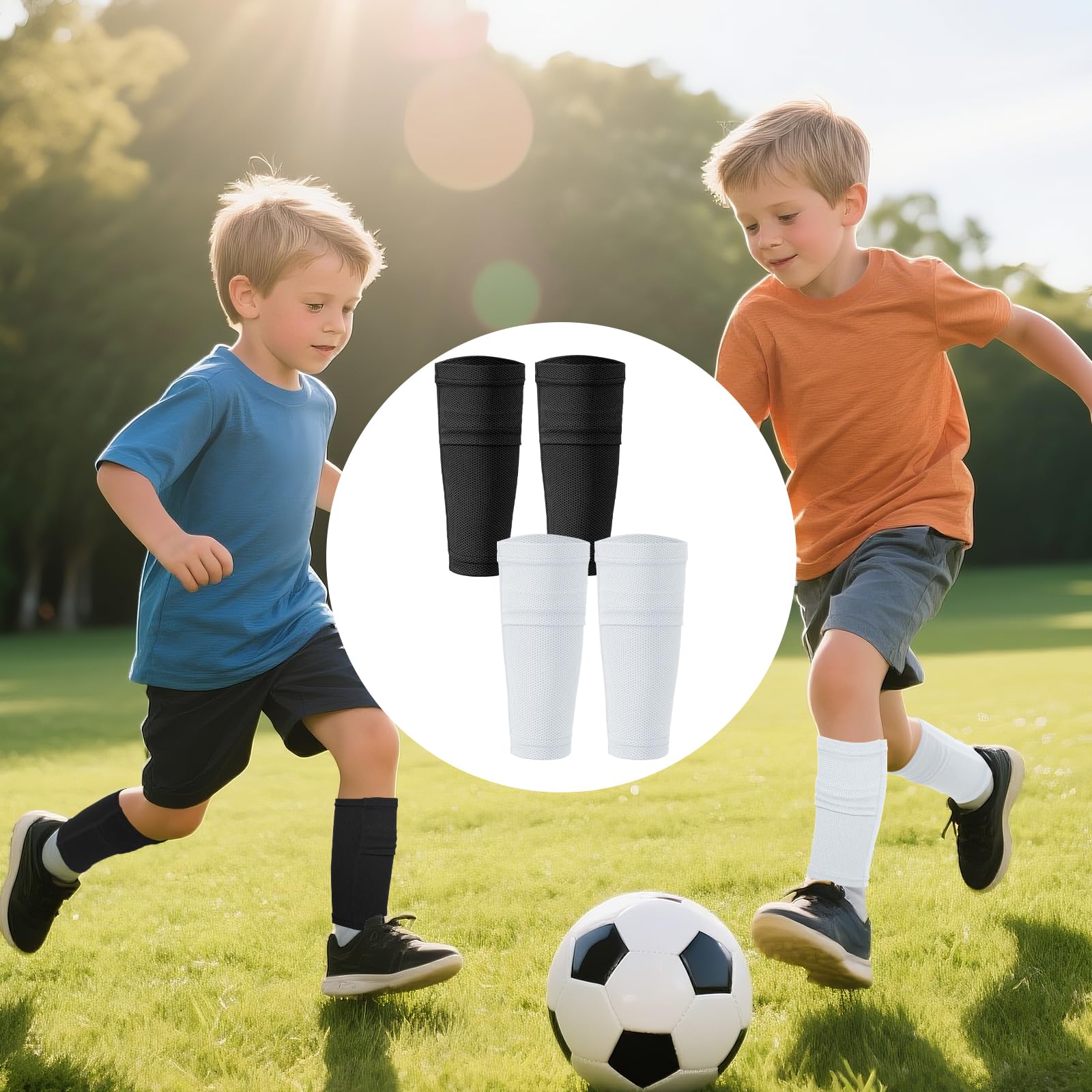 2 Pairs Kids Youth Soccer Shin Guard Sleeves Boy Girl Shin Guard Sleeves with Insert Pocket for Football Soccer Basketball Sport Training (Black and White)
