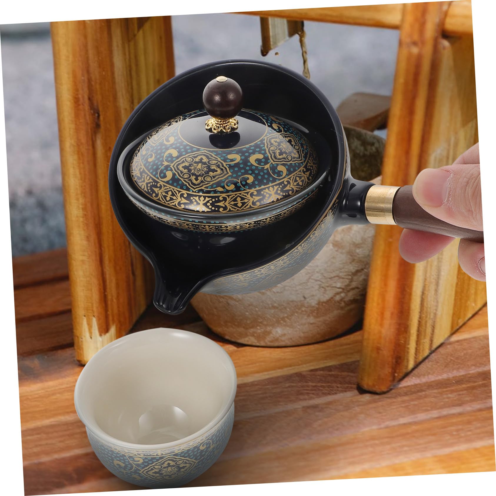 Tetera de Cerámica Negra Asa Lateral, Juego Portátil de 1 Pieza | Capacidad Media, Resistencia al Calor, Durabilidad, para Preparar Té en Casa, Infusiones Diarias