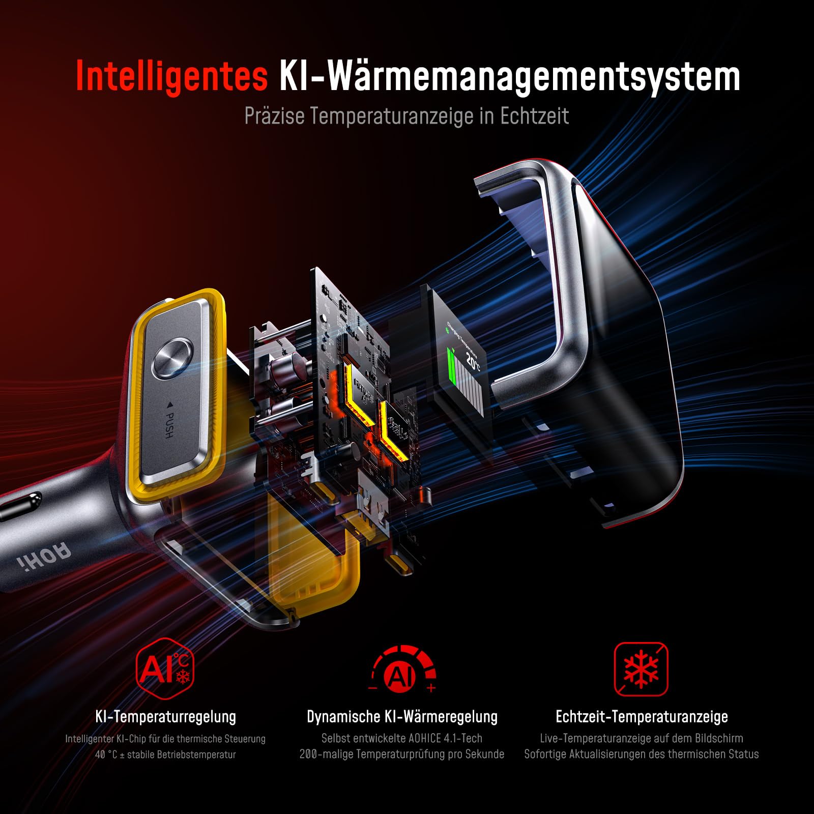 USB-C Kfz-Ladegerät mit Display, AOHI 140W PD3.1 Auto Schnellladeadapter, SUPERAUTO 3-Port Typ-C/USB A 24/12V Zigarettenanzünder Adapter für iPhone 17/16/15, Galaxy S25, MacBook Pro/Air, iPad, AirPods