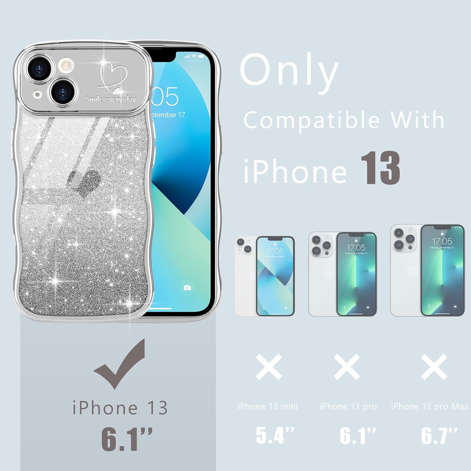  for iPhone 13 Case for Women Girls Cute Curly Wavy Frame, Silver | Love Heart Glitter Bling Camera Protection Sparkly Luxury Elegant Shockproof Cover Clear Wave Phone Case for iPhone 13 6.1" thumbnail
