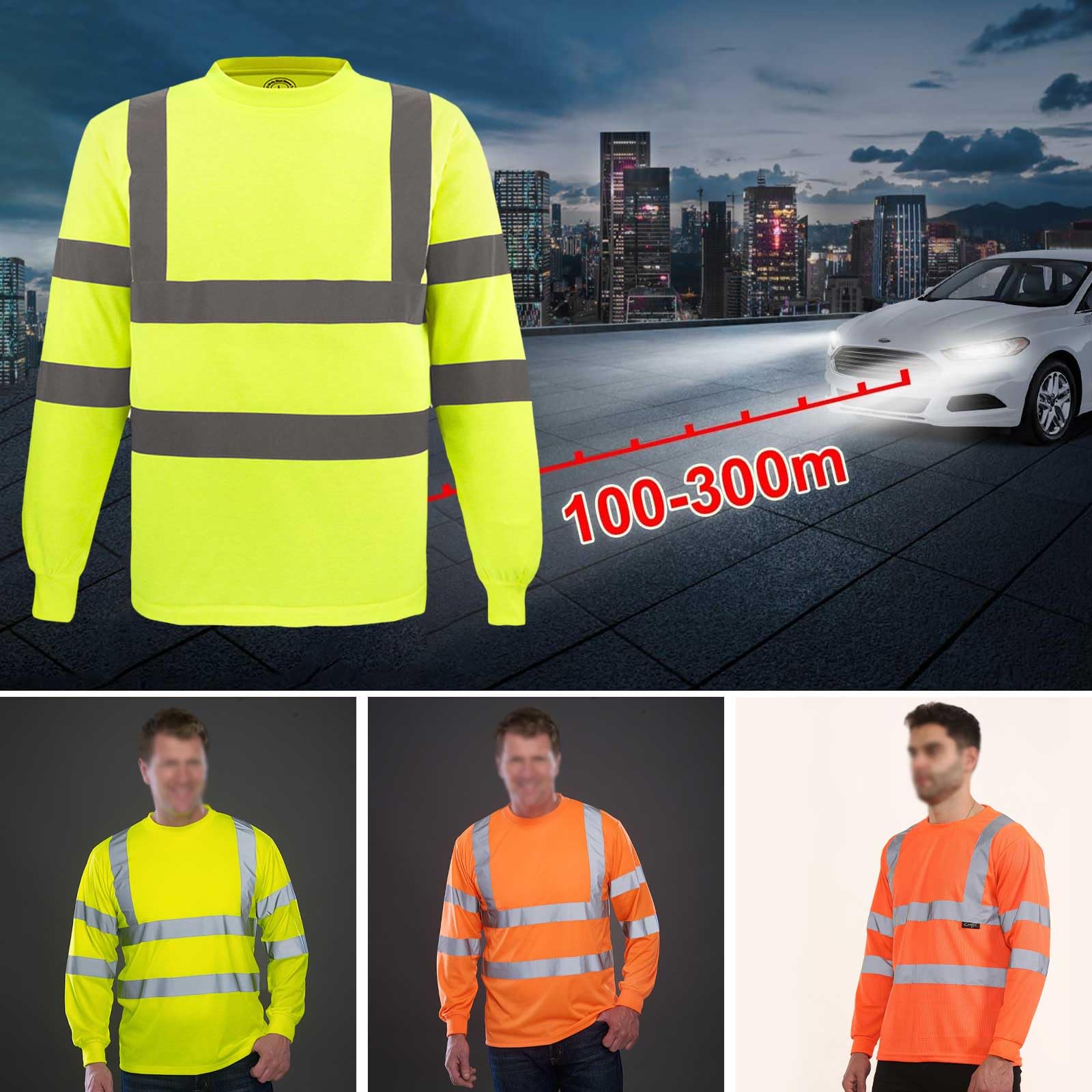 T-shirt haute visibilité réfléchissant à manches longues pour homme avec imprimé personnalisé haute visibilité