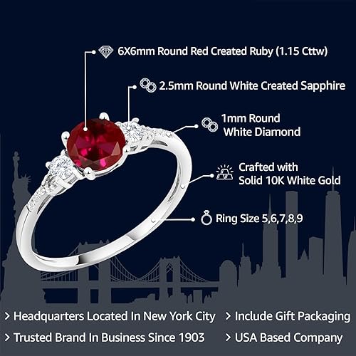 Vista 2 de Gem Stone King Anillo de compromiso de 10 quilates de oro blanco con piedra preciosa redonda de 6 mm, zafiro blanco creado y diamante blanco
