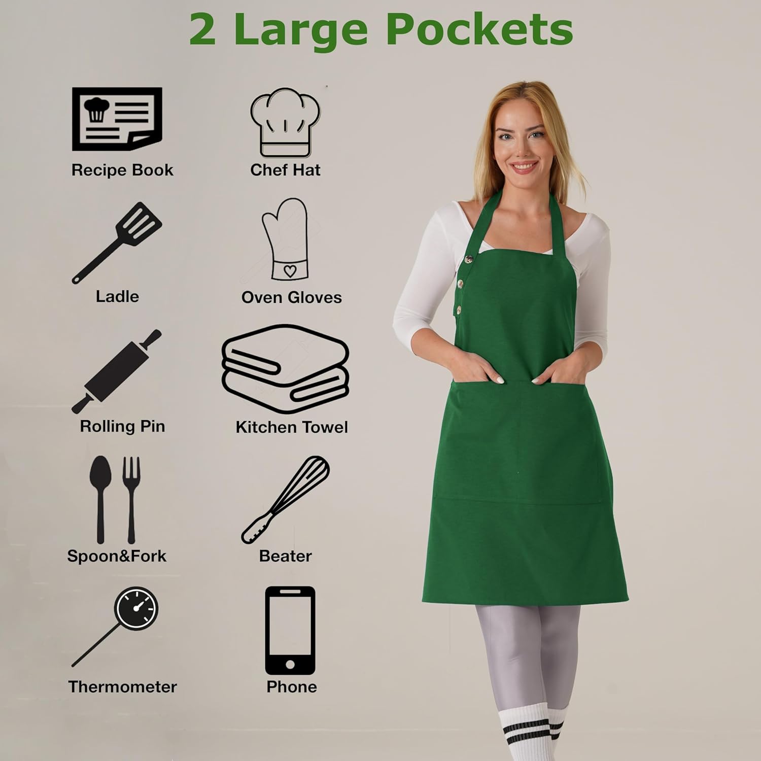 TOSHE Kitchen Apron Waterdrop Resistant Cotton Apron with adjustable Aprons for Women with Pockets 12 Color option Cooking Green Apron (Green) - Image 2