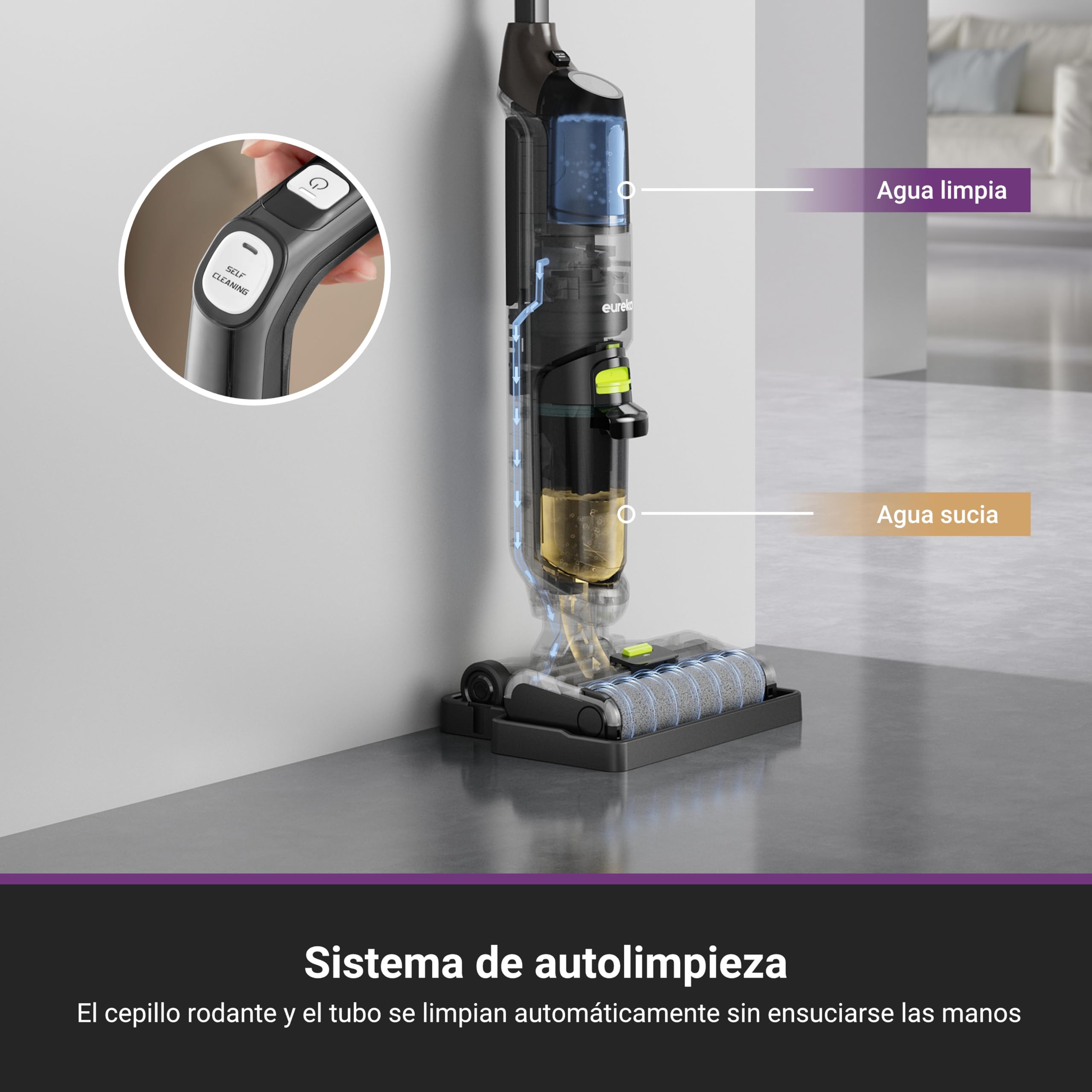 Eureka NEW400 Gen2 Aspirador Vertical en Seco y Húmedo, Aspiradora y Fregona Electrica Sin Cable Potente, Aspiradoras para Pelos Mascotas, Aspirador Escoba Autolimpieza, Limpieza de Bordes, Ligera