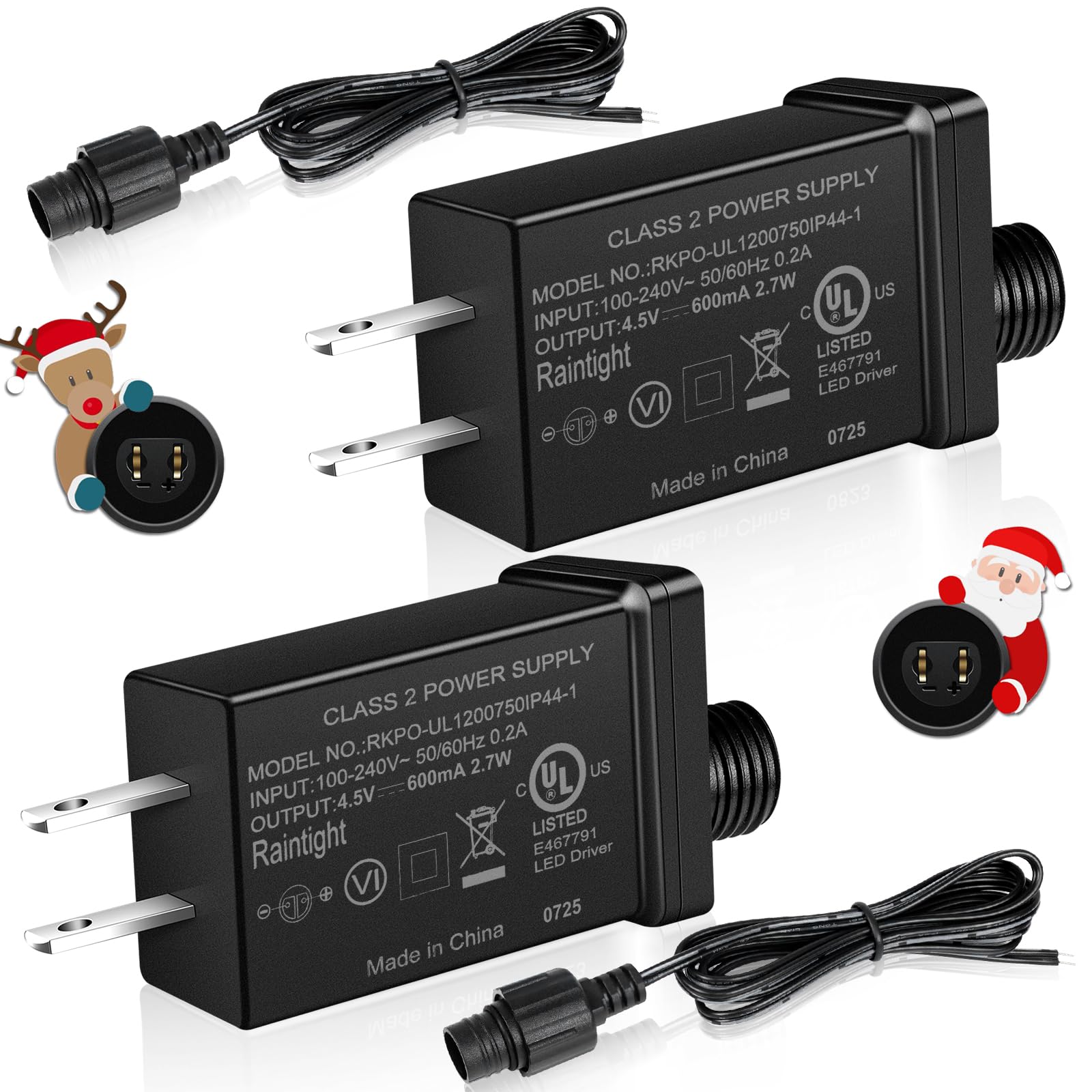 4.5V 0.6A Class 2 Power Supply (2-Pack), IP44 Waterproof LED Adapter for Christmas Lights, Inflatables, Indoor/Outdoor Use