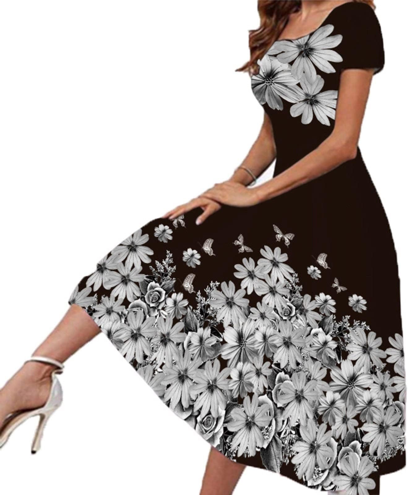 MELDVDIBWomen's Floral Print Maxi Dress Summer Short Sleeve Crewneck Casual Flowy Beach Party Dresses A-Line Swing Sundress