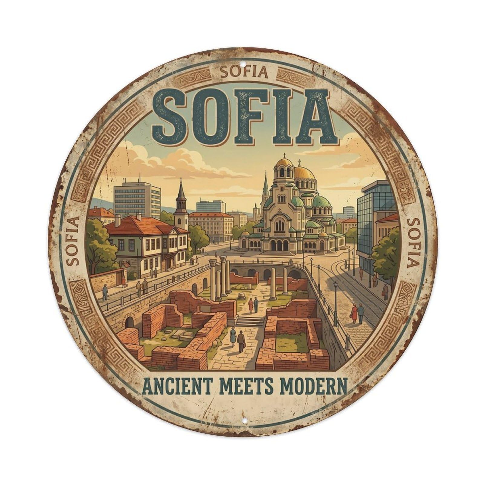 Vintage Travel Sofia Oldtown Bulgaria Metal Tin Sign