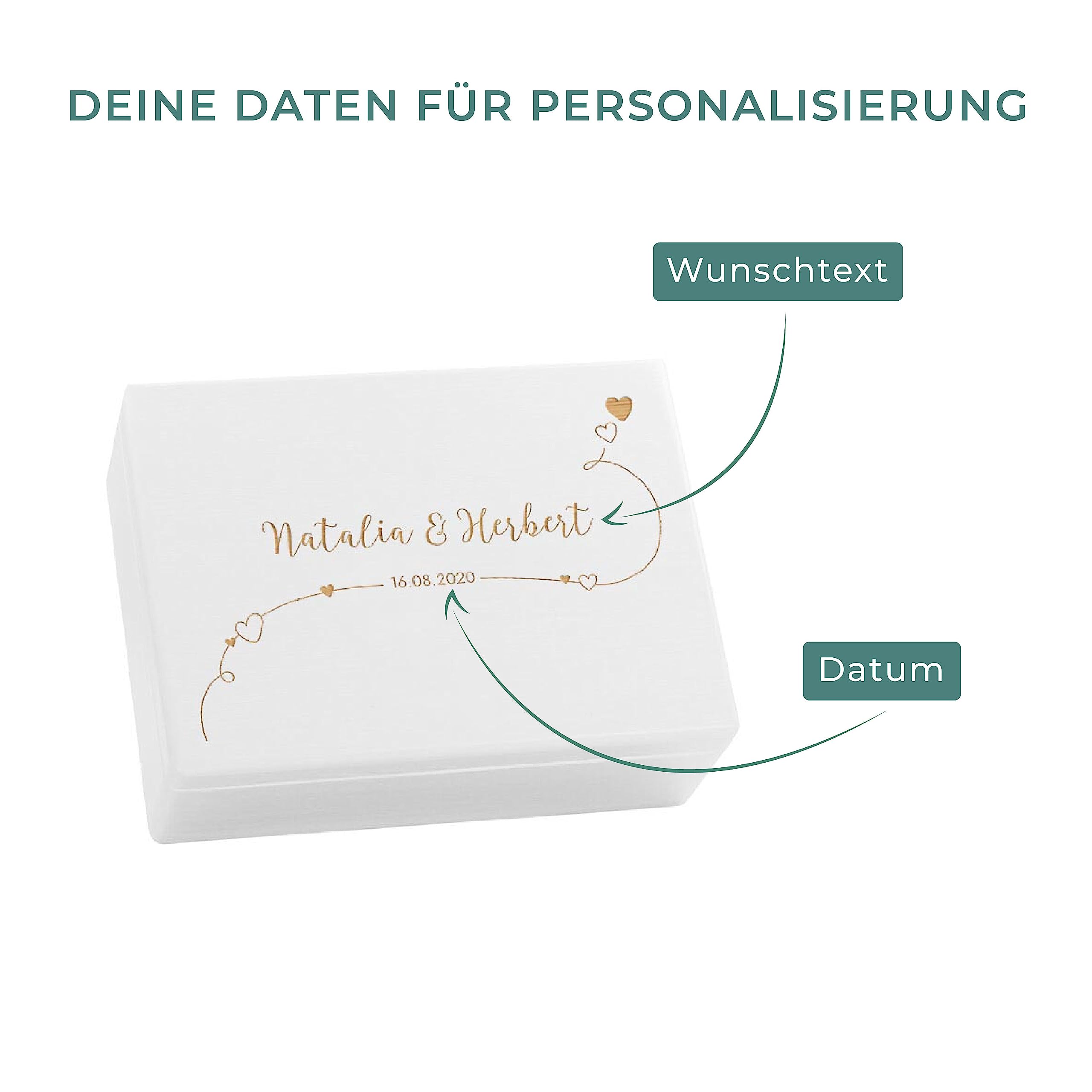LAUBLUST Personalisierte Hochzeitskiste Erinnerung mit Herzen - Hochzeits Erinnerungsbox mit Gravur - Willich Serie | Erinnerung Hochzeit - FSC® (Weiß ohne Verschluss, ca. 40 x 30 x 14 cm | L)