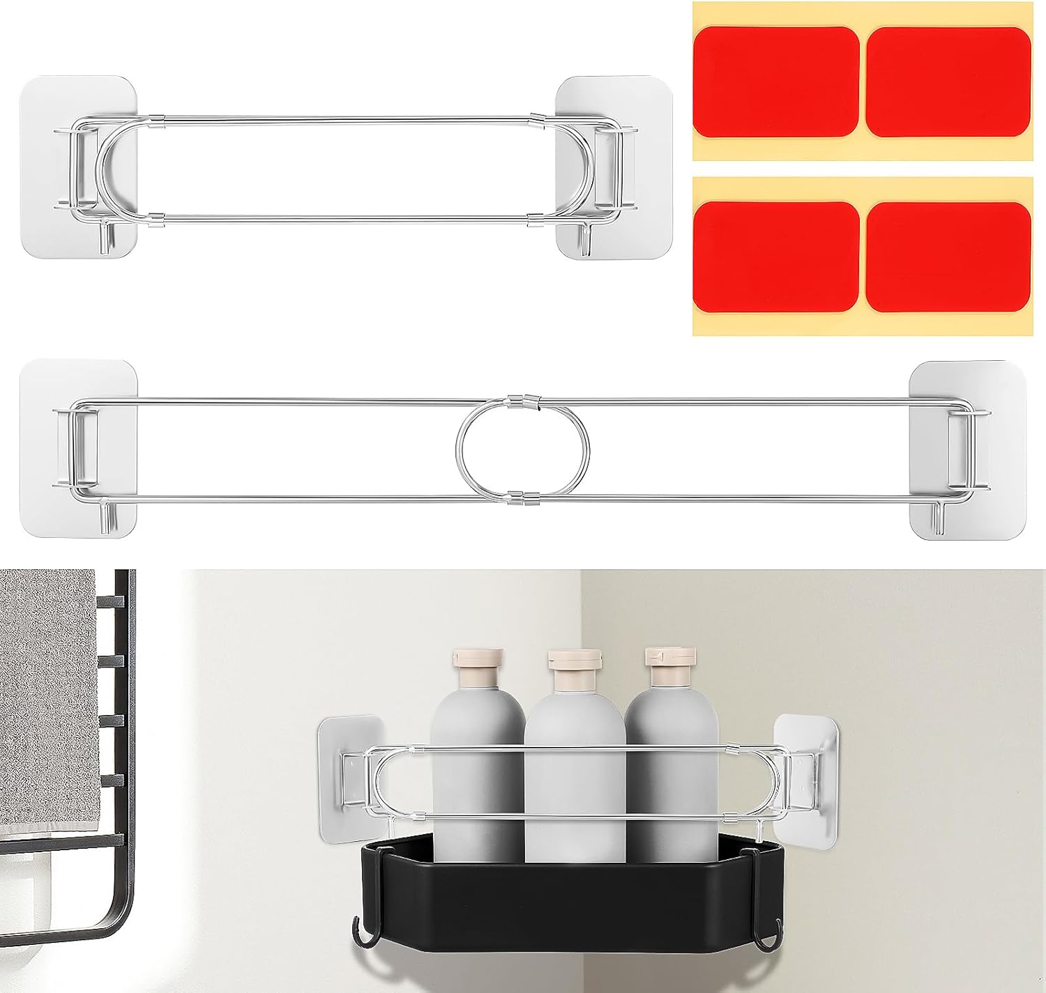 2 Pcs RV Shower Corner Storage Bar - Adjustable Stainless Steel Shower Shelves Rod for Camper Organization, Fits 7-13 Inches, Essential Rv Bathroom Accessories
