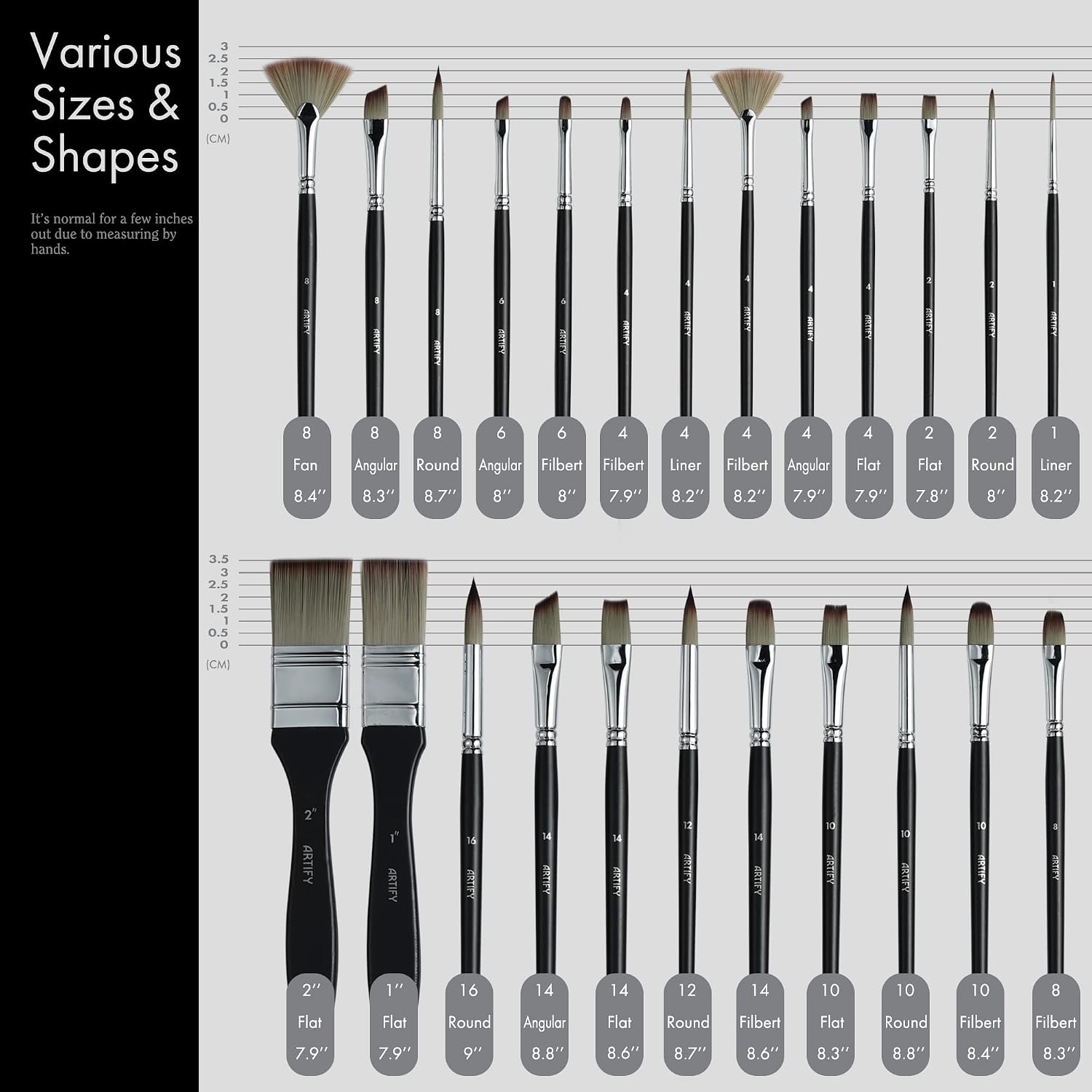 ARTIFY 24 Pieces Paint Brush Set, Expert Series, Enhanced Synthetic Brush Set with Cloth Roll and Palette Knife for Acrylic, Oil, Watercolor and Gouache (Black)