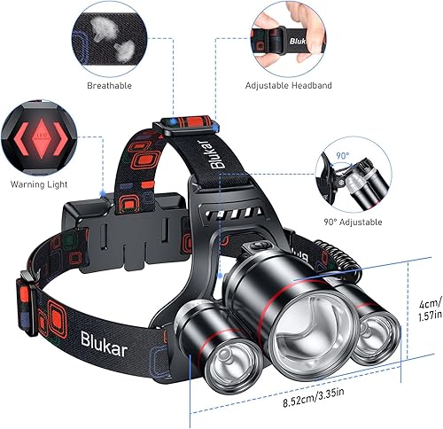 Miniatura 7 de Blukar Linterna frontal LED, linterna recargable súper brillante, 3 luces, 5 modos, zoom, combinación de focos y reflectores, IPX6 impermeable, más