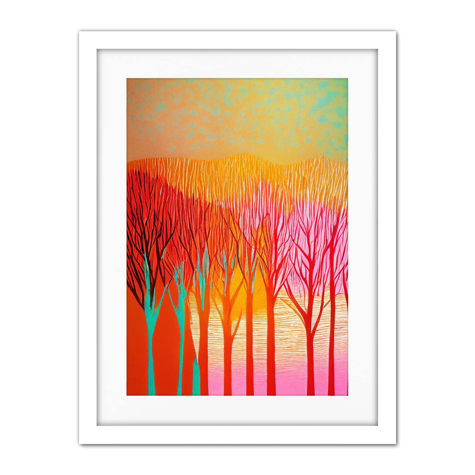Doppelganger33 LTD Forest Treetops Linocut Illustration Vibrant Bold Artwork Framed Wall Art Print 18X24 Inch