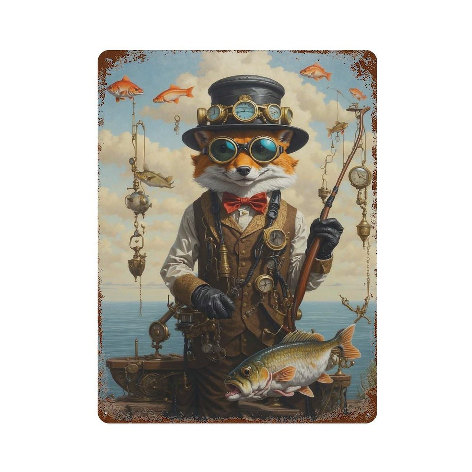 Steampunk Fox Bass Fishing Vintage Metal Tin Sign 15.7"x11.8", for Garage, Bar And Workshop Decor, Old School Wall Decor