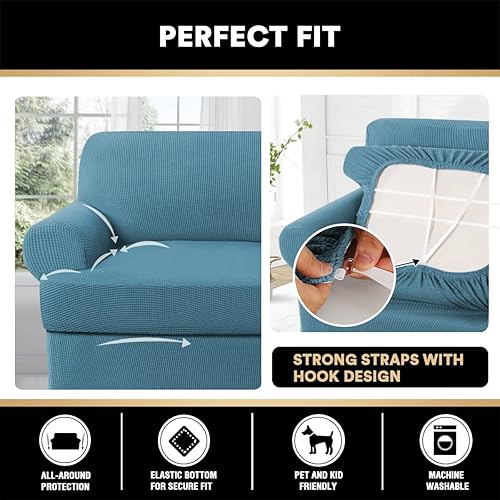 Miniatura 6 de Paquete de fundas para sofá con cojín en forma de T de 3/4 piezas, protector de muebles, patrón a cuadros, extraíbles y lavables, color azul tormenta