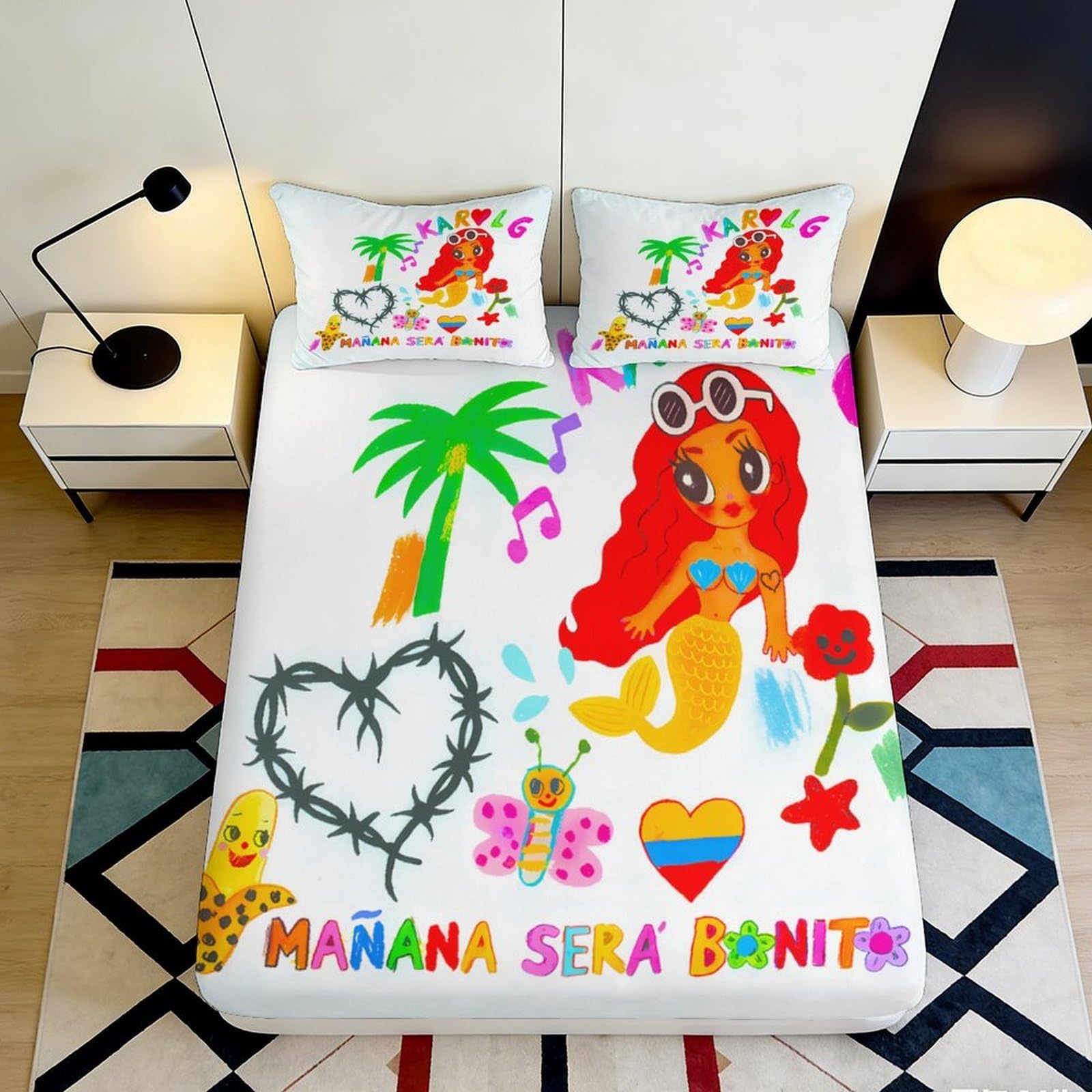 3D Printed Cartoon Mermaid Fitted Sheet Microfiber Deep Pocket Bed Fitted Cover Non-Slip Elastic Hem Bedroom Bedding for Adults 90x200x25cm