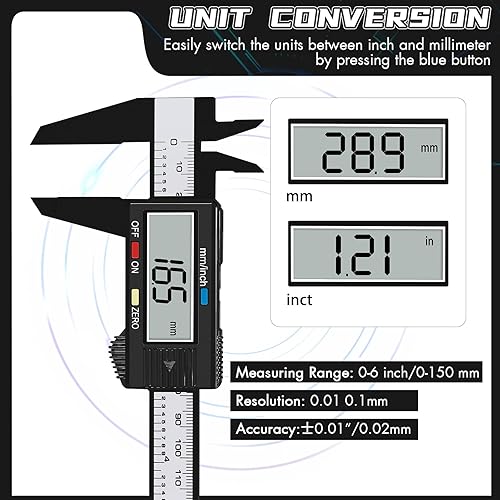 Miniatura 2 de Simhevn - Calibrador digital con pantalla LCD 0 a 6 pulgadas conversión de pulgadasmm función de apagado automático blanconegro calibrador