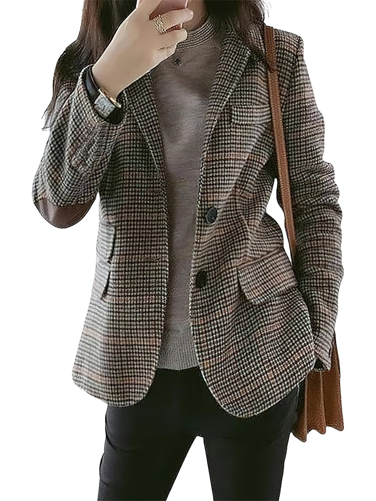 Womens Fashion Notched Lapel Wool Plaid Blazer Slim Long Sleeve Jacket with Elbow Patch