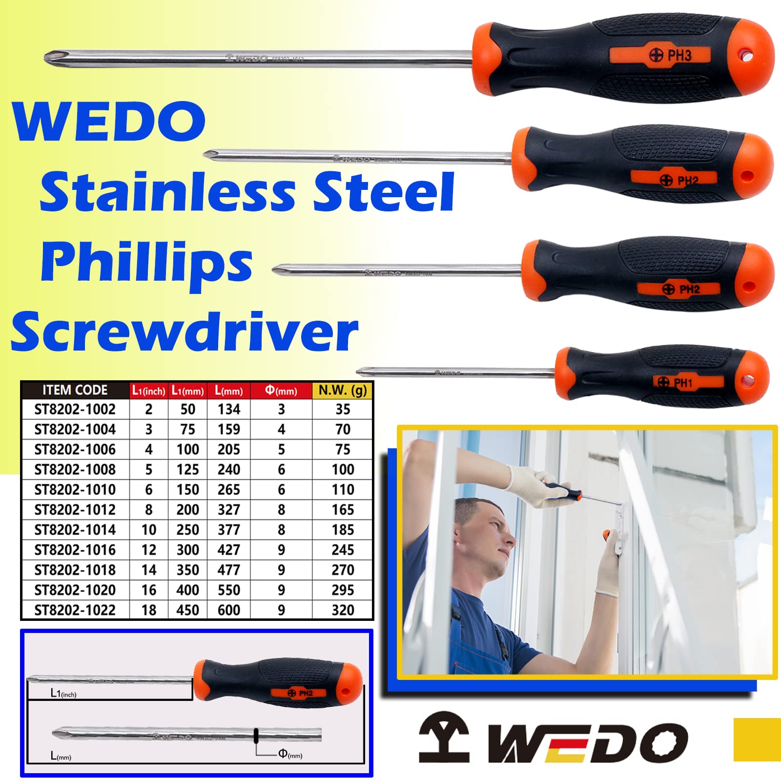 WEDO śrubokręt krzyżakowy 9 x 600 mm, śrubokręt płaski ze stali nierdzewnej z antykorozyjnym, nierdzewnym, ergonomicznym miękkim uchwytem TPR