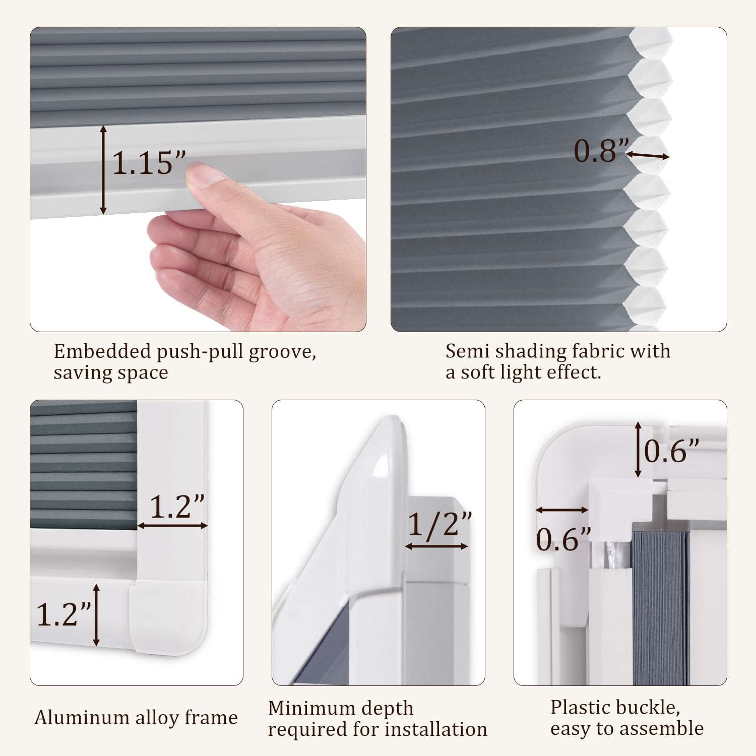 Add On Cellular Blinds Customized Size Light Filtering Thermal Insulation Fabric Recessed Cellular Shades for French Door Raised Frame Doors Inward-Opening Windows-White