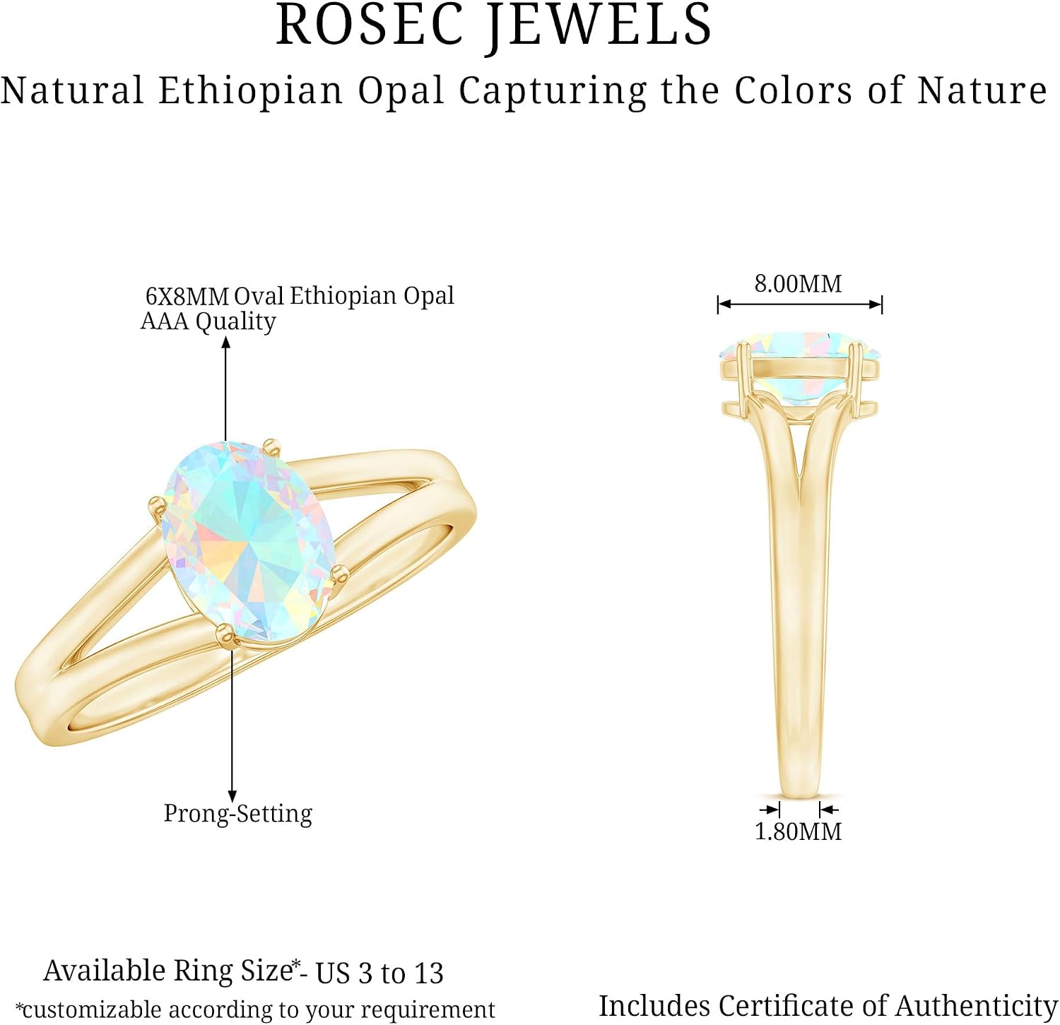 Mothers Day Gift, Natural 1.2 Carat Ethiopian Opal Oblong Engagement Ring, AAA Quality, Certified Opal Solitaire Ring