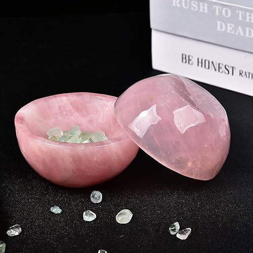 Miniatura 4 de MOGEMT Cuenco de cristal de cuarzo rosa natural tallado a mano redondo con cristales rosas con piedras preciosas para reiki, regalo de decoración