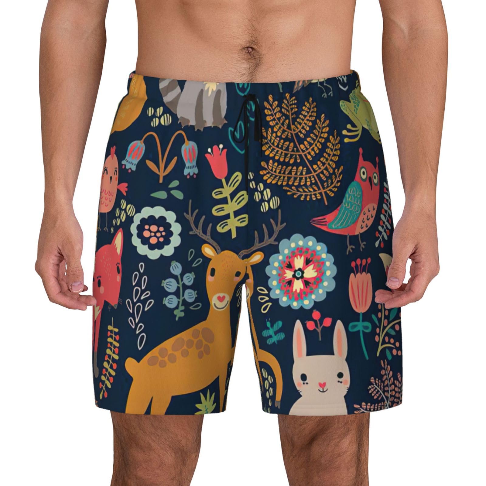 Owl Rabbit Bird Fox Print Mens Swim Trunks Stretch Beach Shorts Quick Dry Pockets No-Chafing Board Shorts, Black, Large