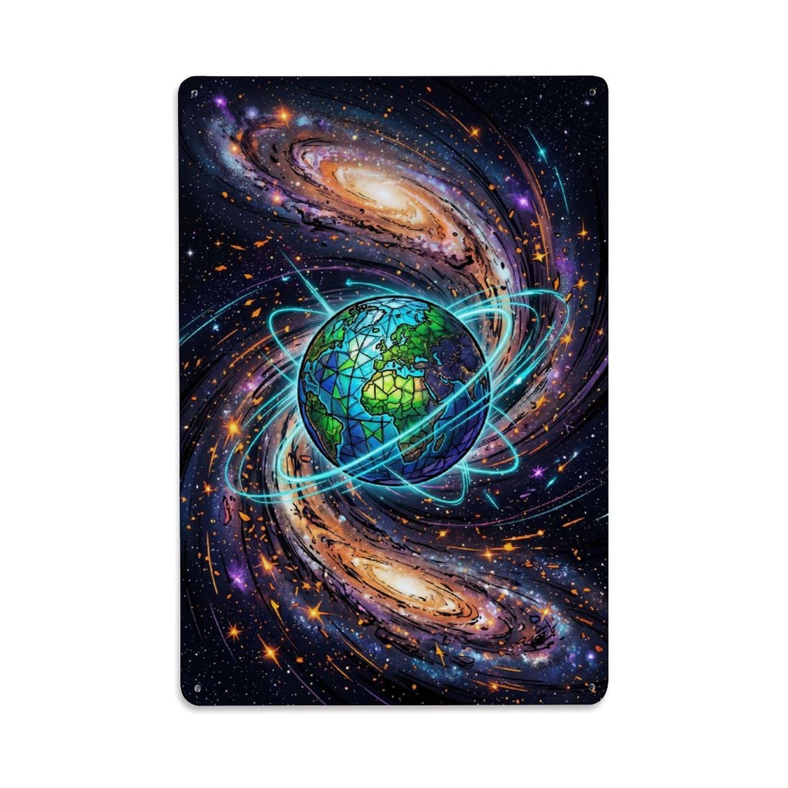 Okngb Style Celestial Earth Blue Planet Galaxy Orbit Cosmic Space Surreal Metal Tin Sign Plaque Wall Decor For Cafe, Man Cave, Club Bar, Office, Home Garden Round Metal Poster 8X12inch