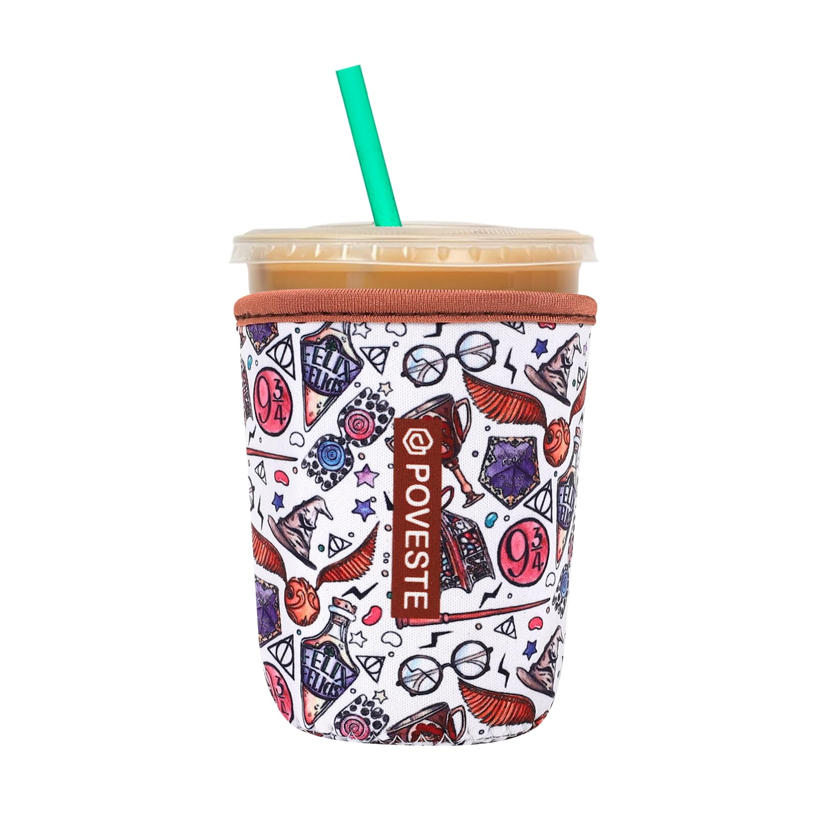 Reusable Neoprene Insulator Sleeve for Iced Coffee &amp; Cold Soda, Coffee Sleeves for Iced &amp; Hot Drinks, Cold Beverage Cooler Compatible with Starbucks, Dunkin (Quidditch Game, Small: 16-18oz)