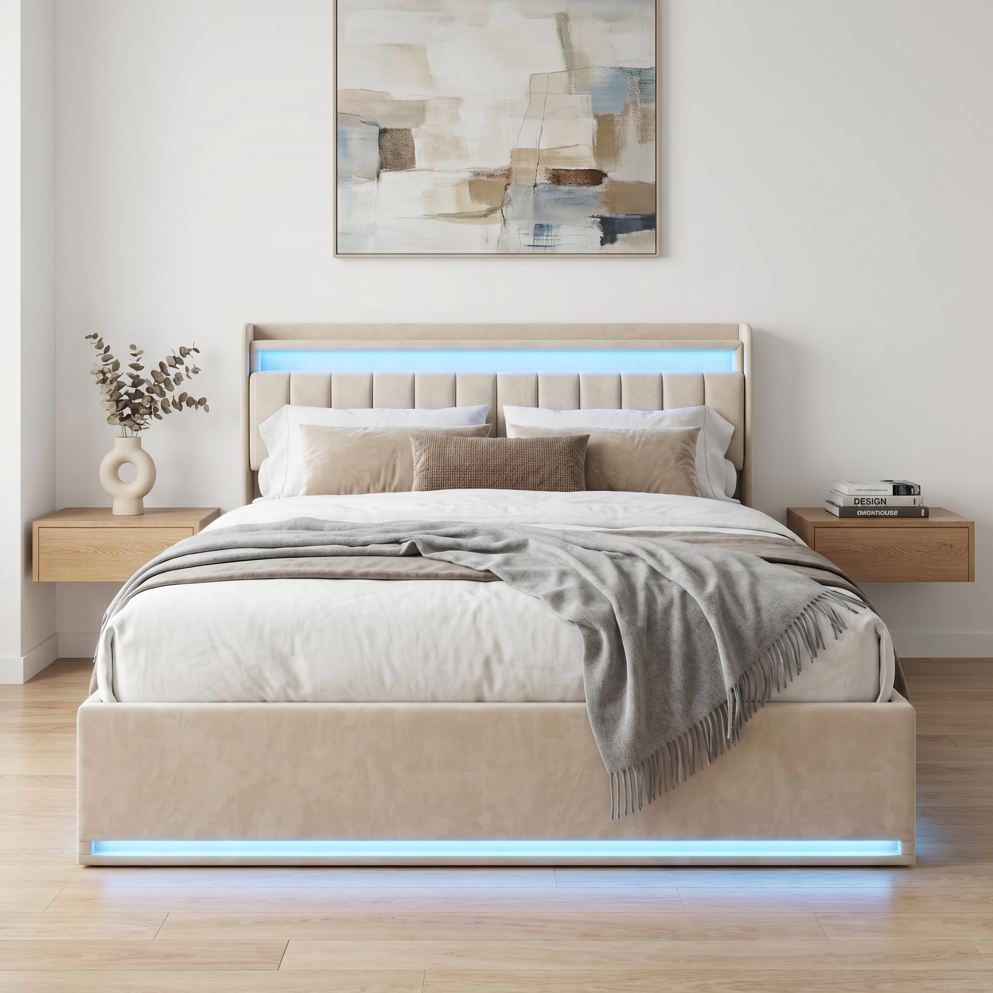 Letto matrimoniale 160 x 200 con luci a LED, letto imbottito con stoccaggio e caricatore letto con USB e luce LED telaio per letto idraulico con testiera in velluto (B velluto beige, 160 x 200 cm)