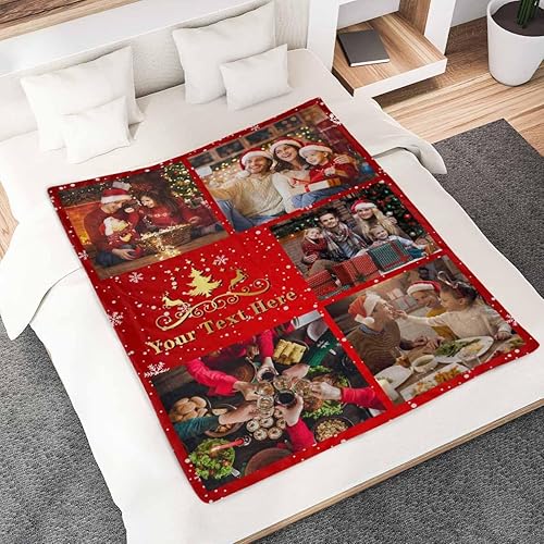 Miniatura 10 de Manta de Navidad personalizada con foto, manta personalizada con nombre para mujeres, ella y él, manta para collage familiar, color verde, 4 fotos