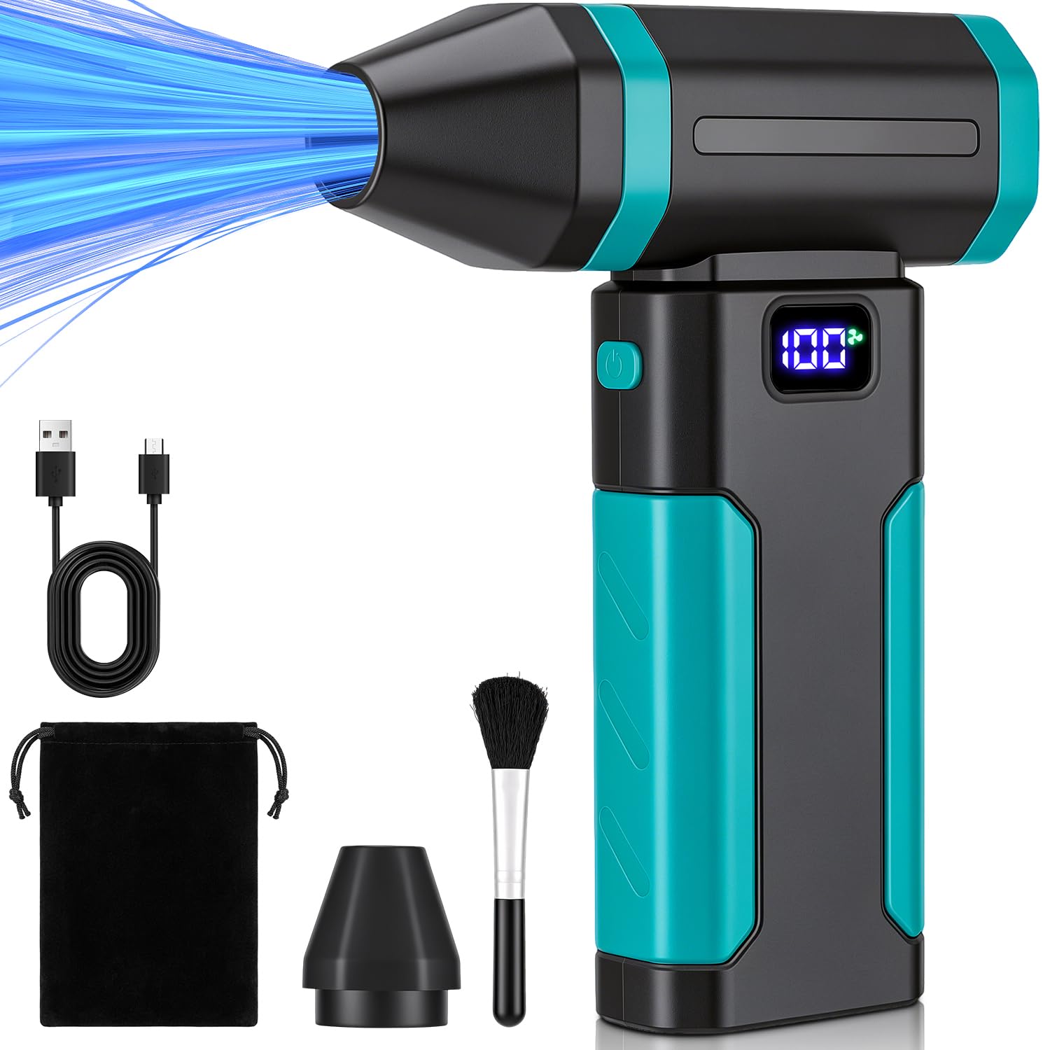 エアダスター ブロワー 強カ【2026業界進化・ワンタッチ爆風モード】電動エアダスター 充電式 洗車 ディスプレイ 電量風量表示 省エネ対応 250000RPM高速回転 最大風速101m/s 5+1段階風量調整 7500mAh 180分連続使用 Type-c充電 2モードLEDライト ノズル付き 250g 軽量 小型 洗車/車内/PC/キーボード/家具/掃除用等