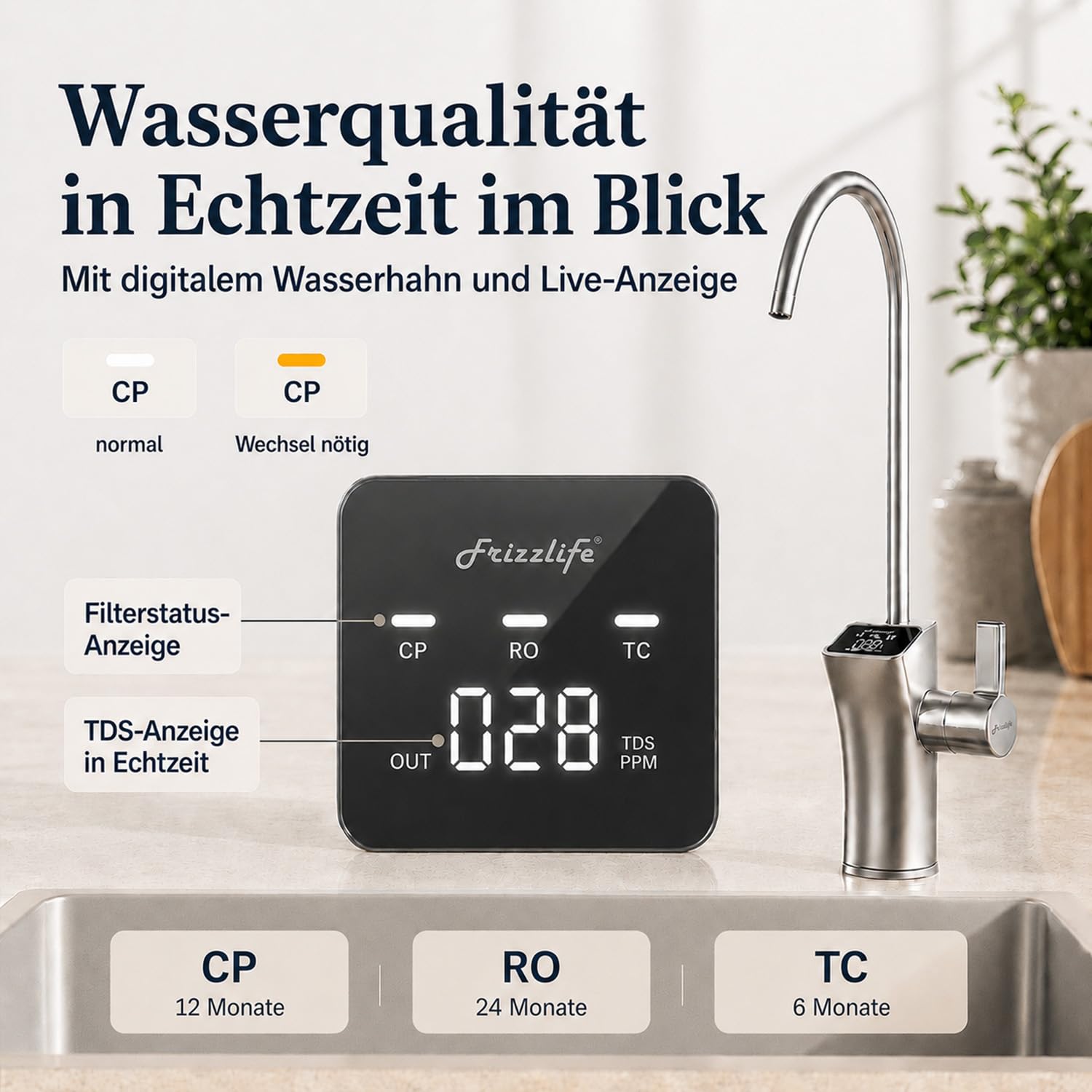 Frizzlife 1200GPD Umkehrosmoseanlage, NSF/ANSI 42&58&372-Standards Untertisch Osmoseanlage, Entkalkungsanlage RO System, Reduziert TDS & PFAS, 3:1 Rein zum Abfluss, Intelligenter Wasserhahn, PD1200
