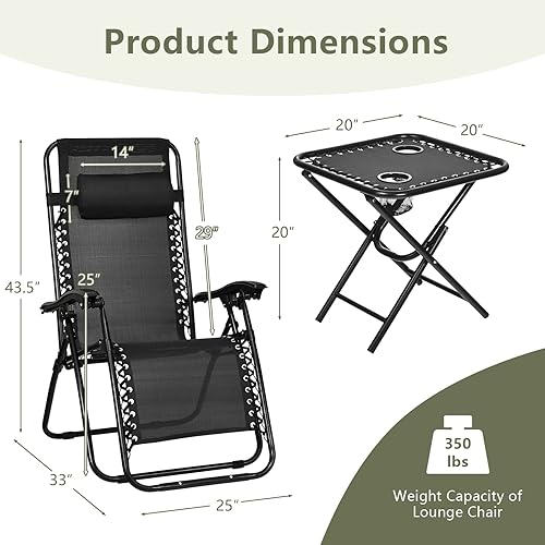 Miniatura 9 de HAPPYGRILL Juego de sillas de salón Zero Gravity con mesa auxiliar, sillas reclinables plegables con mesa auxiliar y almohada, juego de 3 piezas