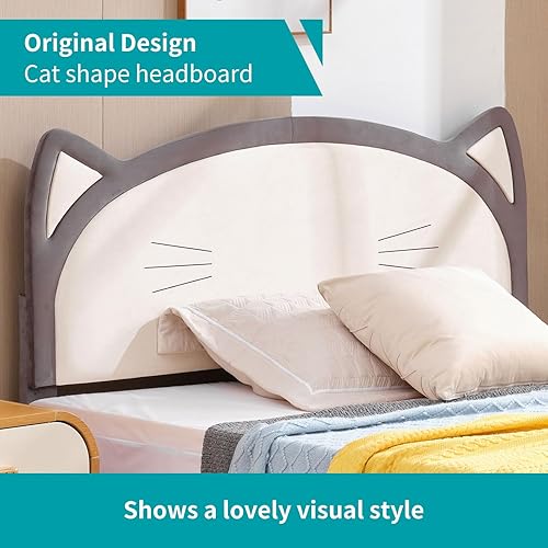 Miniatura 4 de BALUS Base de cama matrimonial para niños, cama infantil con cabecera en forma de gato, moderna de perfil bajo, plataforma de cama tapizada, tela de