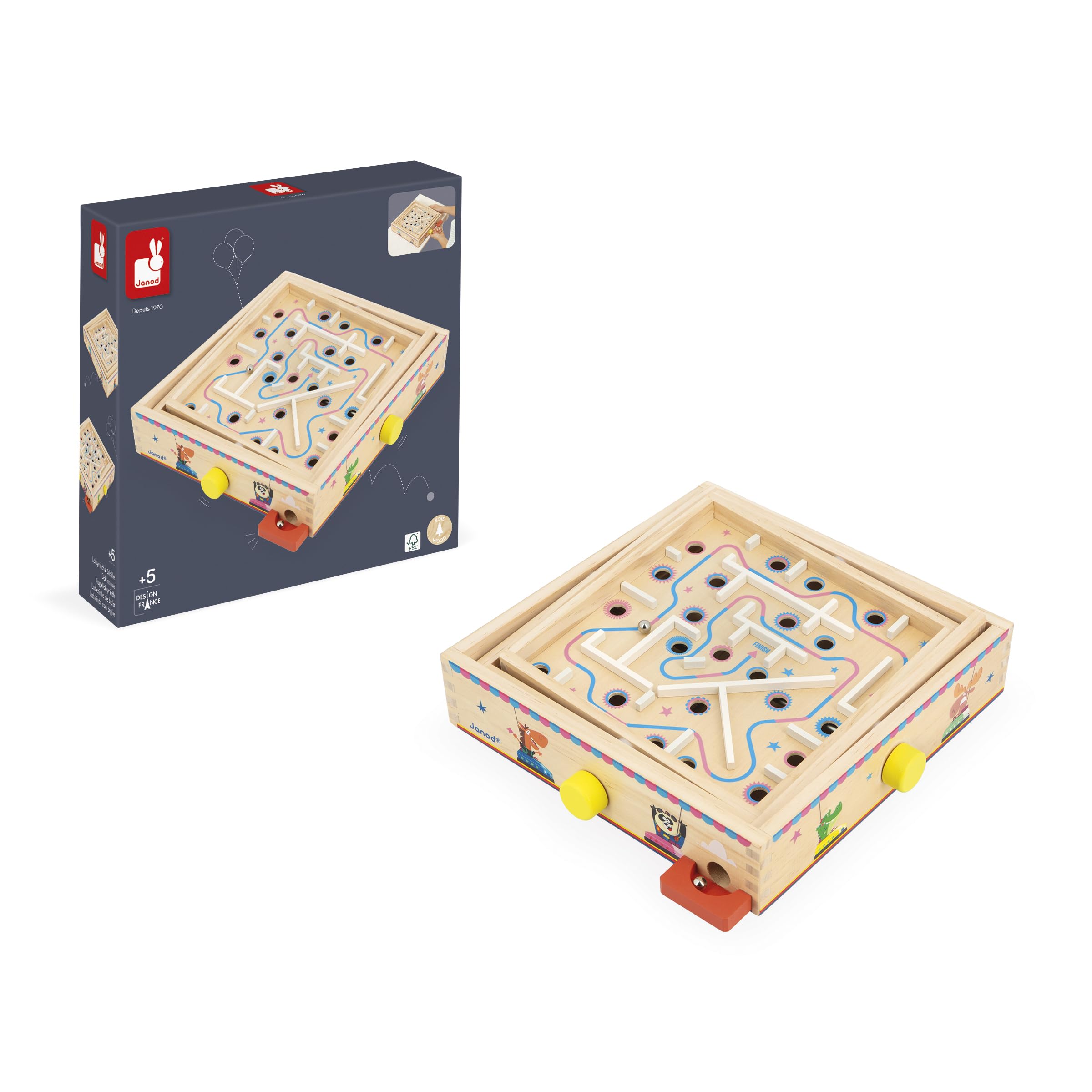 Janod Juego Laberinto de Madera para Niños y Adultos - Juguete Tradicional - Carrera de Canicas - 2 Canicas de Metal Suministradas - Desarrolla la Concentración y la Habilidad - A Partir de 5 años