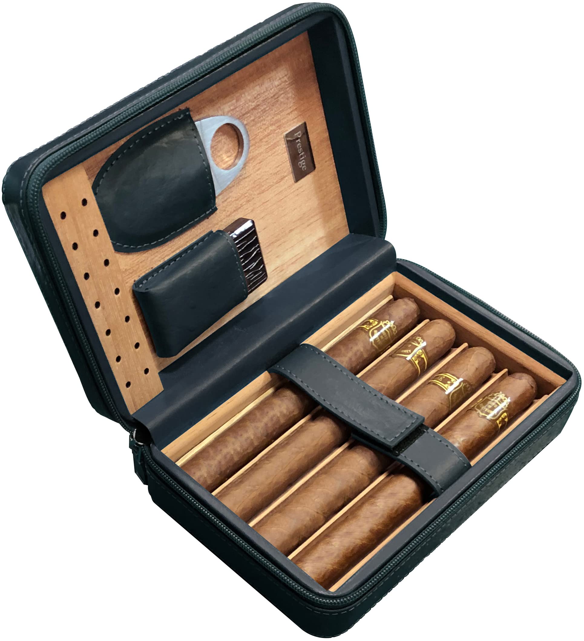 Prestige Import Group - The Manhattan Ostrich Motif Leather Travel Humidor Cigar Case w/Lighter, Cutter & Humidifier with Zipper Closure - Color: Black
