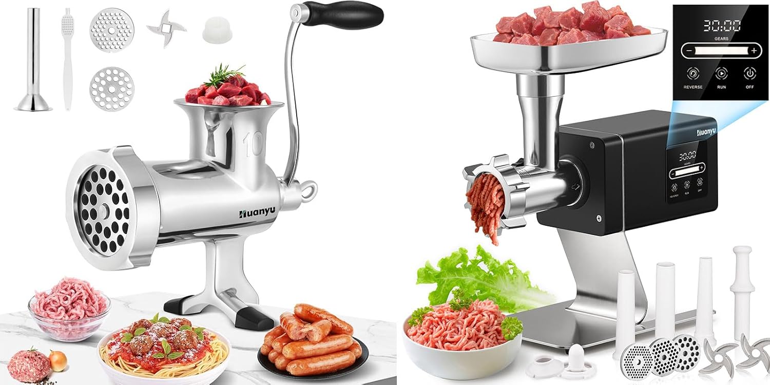 Huanyu Meat Grinder Manual Stainless Steel Sausage Stuffer Meat Mincer NO.10 and Huanyu Commercial Meat Grinder #12 Variable RPM With Touchscreen Heavy Duty 1.3HP Bundle