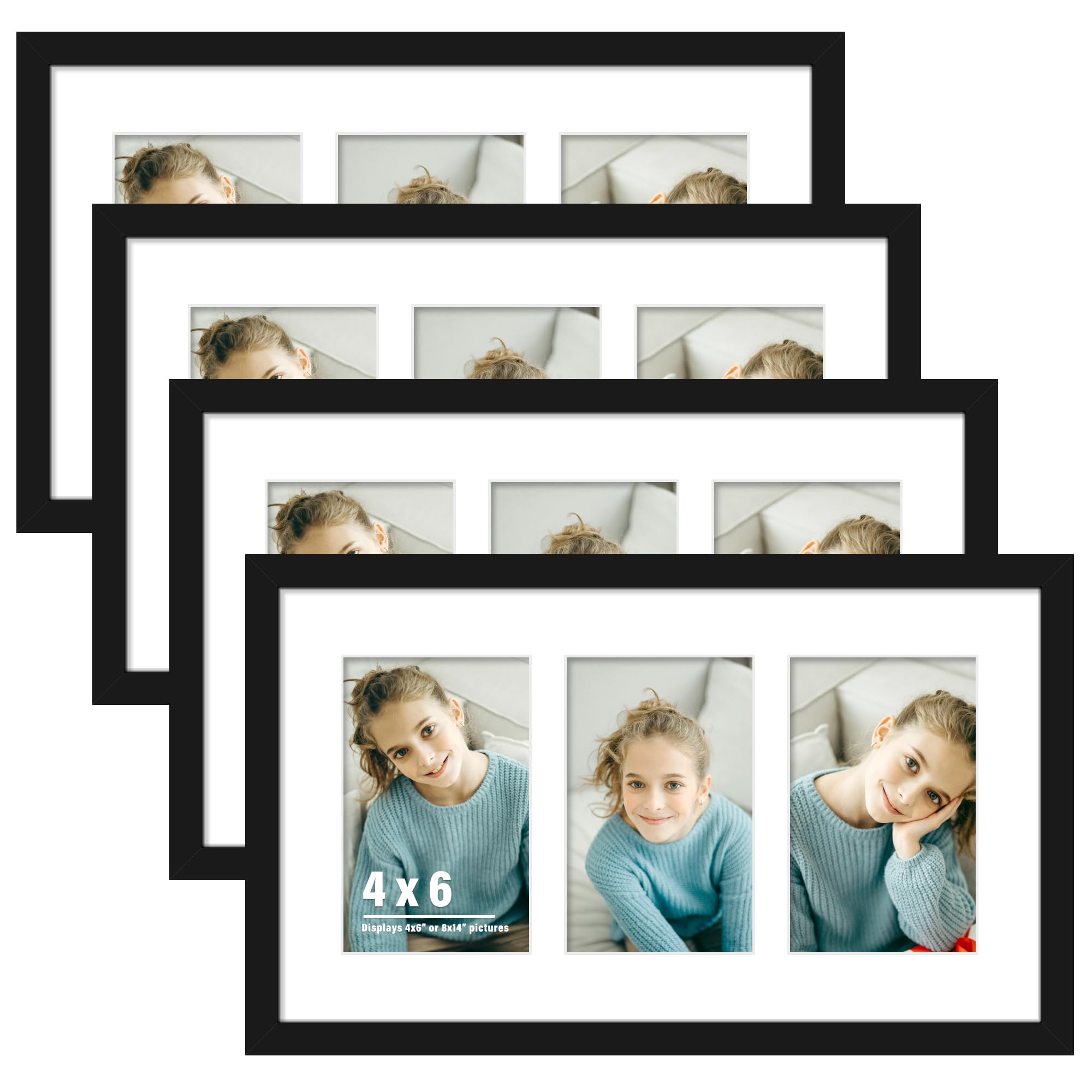 DUENPY 4-Pack 8x14 Collage Picture Frames, 4x6 Collage Picture Frame Displays Three 4x6 inch Photos, or 8x14 (Without Mat) for Available Horizontal Wall Mounting Display and Vertical, Black