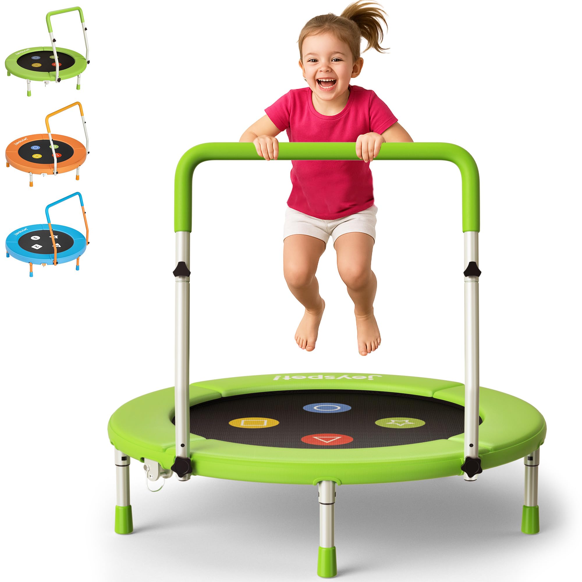 JOY SPOT! Trampolin Kinder Indoor Outdoor, Ø91cm Mini Trampolin mit Verstellbarer Haltegriff, Faltbares Kindertrampolin bis 45 kg, Fitness Rebounder mit Sicherheitspolster für Kleinkind 3-12