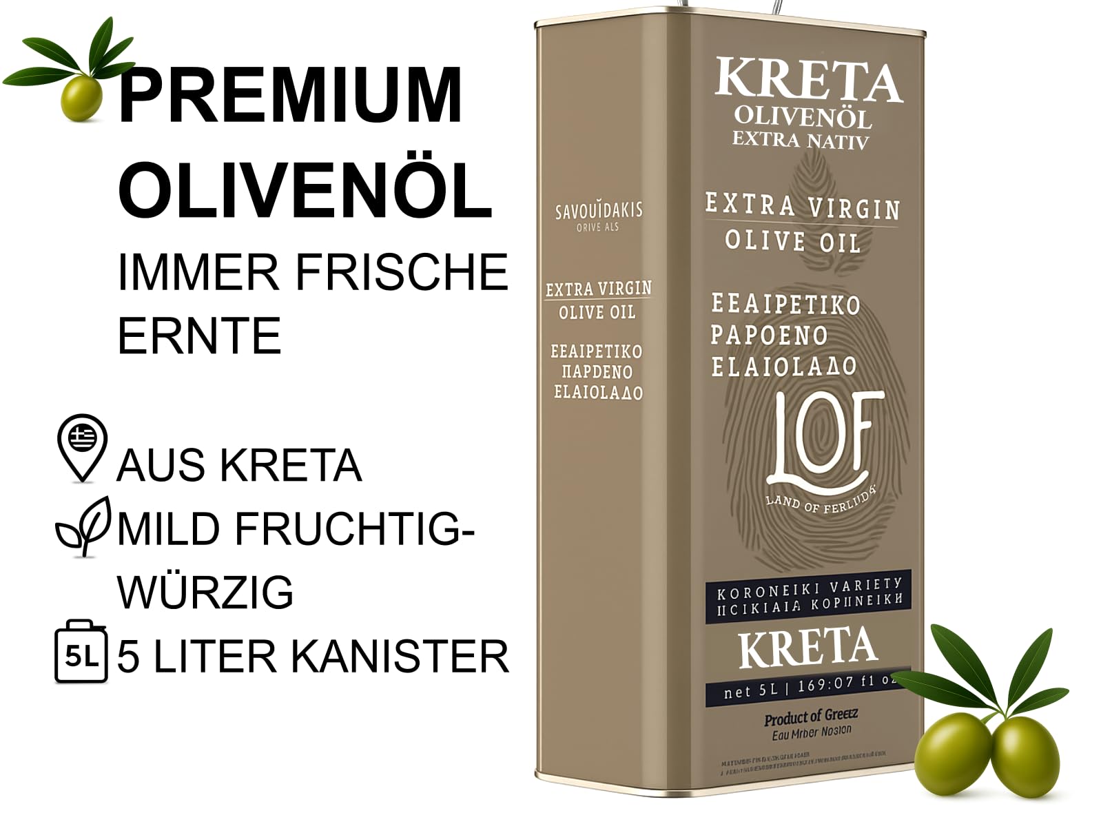 LOF oliwa z oliwek 5 l – oliwa z oliwek z pierwszego tłoczenia ekstra – 100% oliwki Koroneiki z Krety – tłoczona na zimno, naturalna – delikatesy Orea